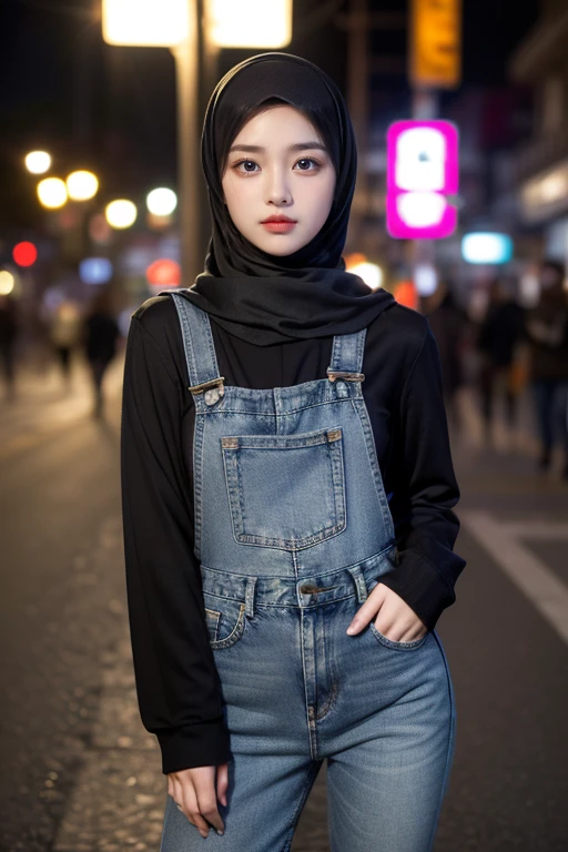 (realistic photos of Hijab Korean female, slightly smile,expressive eyes,eye makeup,street light background,standing posture,confident attitude,Eye-Level Shot, slightly blurry background,UHD,masterpiece:1.2,highres,16k), pinafore with long Jeans