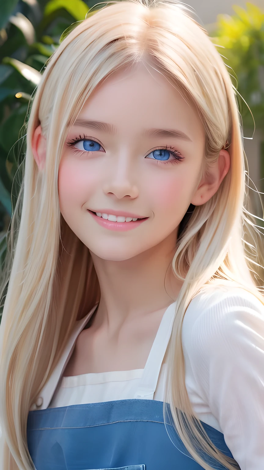 Photorealism、highest quality、超A high resolution、picture、Photo of a very beautiful girl of Scandinavian origin、An exceptionally beautiful girl、Cute and beautiful face details、(Purelos Face_v1:0.008)、Beautiful Bangs、Alice in Wonderland、、Radiant, fair, glowing skin、Hair on face、Bangs that reach the face、Bangs between the eyes、Super long super long hair、Glamorous bright natural platinum blonde super long straight silky hair、Thin Hair、Attractive shining beautiful bright clear light blue big eyes、White apron、Blue Dress、eyeliner、double eyelid、Ample Bust、White, shiny skin
