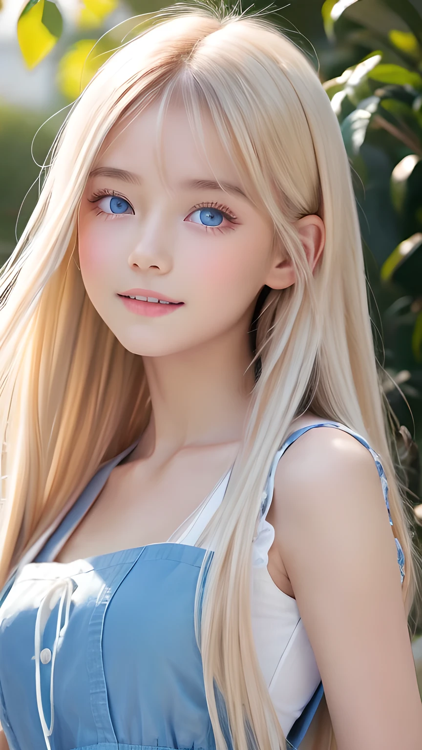 Photorealism、highest quality、超A high resolution、picture、Photo of a very beautiful girl of Scandinavian origin、An exceptionally beautiful girl、Cute and beautiful face details、(Purelos Face_v1:0.008)、Beautiful Bangs、Alice in Wonderland、16 years old、Radiant, fair, glowing skin、Hair on face、Bangs that reach the face、Bangs between the eyes、Super long super long hair、Glamorous bright natural platinum blonde super long straight silky hair、Thin Hair、Attractive shining beautiful bright clear light blue big eyes、White apron、Blue Dress、eyeliner、double eyelid、Ample Bust、White, shiny skin