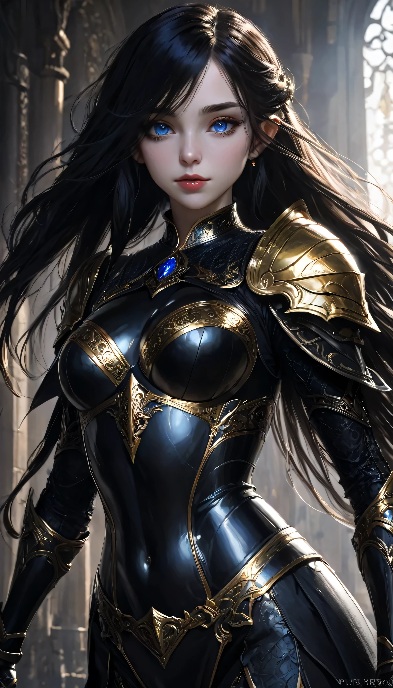 Woman, 1girl, Blue eyes, red lips, Black armor with Golden details, full body, very aesthetic, natural light, intricate, masterpiece, absurdres, best quality, extremaly detailed eyes, gothic, elf, ((long hair)), ((black hair)), ((underboobs)),