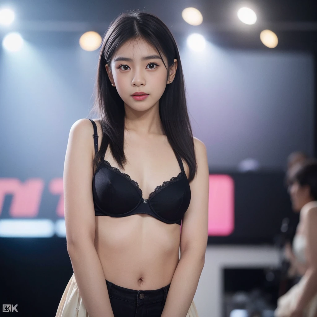 kaew from BNK48, idol, cute girl, black hair, small . bra. in the stage, close up, looking at camera, cinematic, sharp lens, professional photography, 70mm lens, soft light, colorful background, 4k