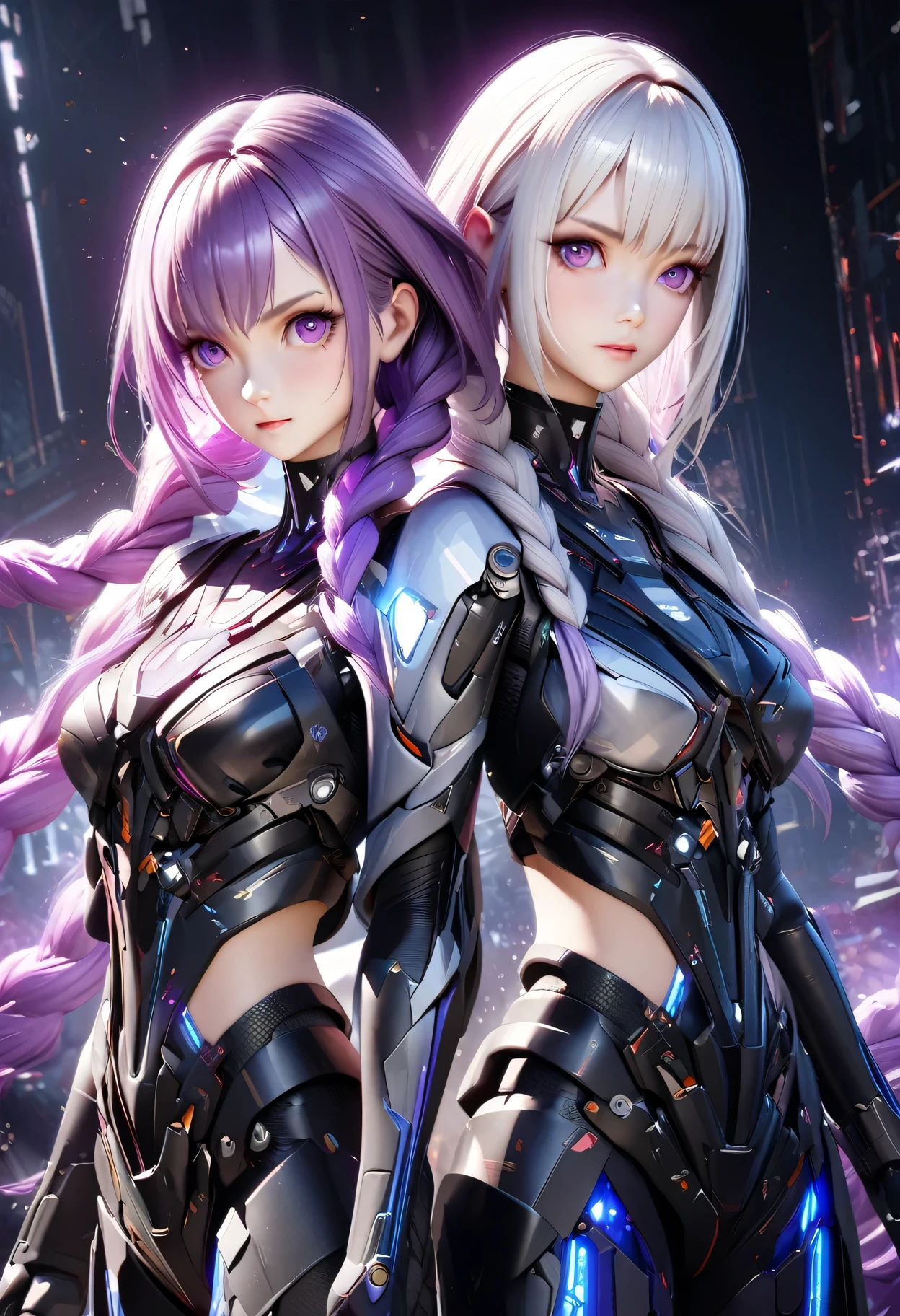 Two cyborg girls standing standing side by side looking at the viewer, yinji, purple hair, purple eyes, long hair, white hair, double braids, gradient hair, highly detailed, intricate machinery, glossy metal skin, glowing blue lights, complex circuitry, futuristic technology, edge light, dramatic lighting, beautiful starry background, octane rendering, cool, personality, brave, realistic 3D render, cinematic composition, award winning digital art, best quality, masterpiece, illustrations, very exquisite and beautiful, very detailed, CG, unity, wallpaper, stunning, exquisite details