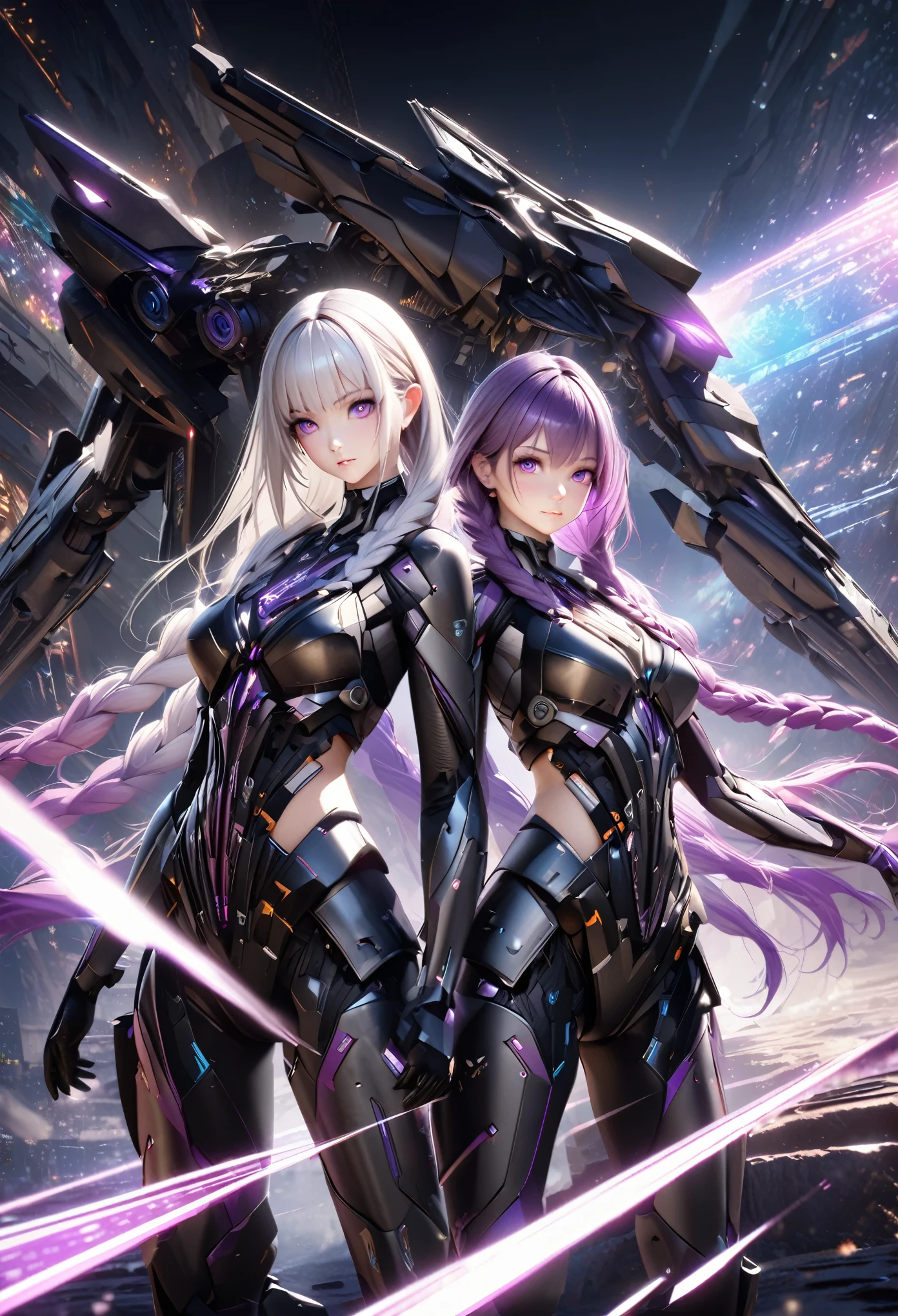 Two cyborg girls standing standing side by side looking at the viewer, yinji, purple hair, purple eyes, long hair, white hair, double braids, gradient hair, highly detailed, intricate machinery, glossy metal skin, glowing blue lights, complex circuitry, futuristic technology, edge light, dramatic lighting, beautiful starry background, octane rendering, cool, personality, brave, realistic 3D render, cinematic composition, award winning digital art, best quality, masterpiece, illustrations, very exquisite and beautiful, very detailed, CG, unity, wallpaper, stunning, exquisite details