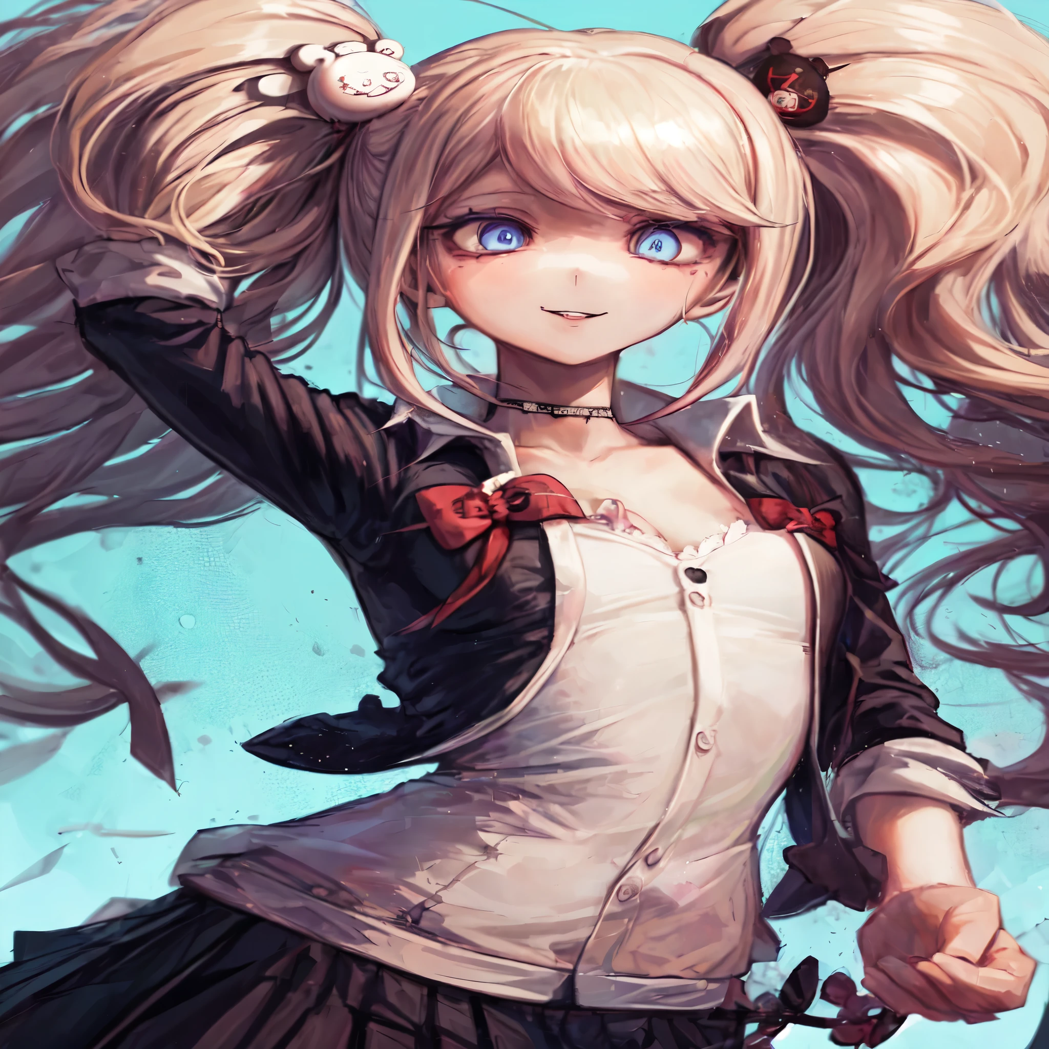 1girl, enoshima junko, Daganronpa, (masterpiece:1.2),(best quality:1.2),newest, intricate details,ai-generated, enoshima junko, twintails, bear hair ornament, , black shirt, white necktie, sleeves rolled up,  skirt, choker, cleavage, big  , voluptuous, hands on own face, ((((yandere smile)))), ((((empty eyes)))), wide smile,  (blue eyes), insane