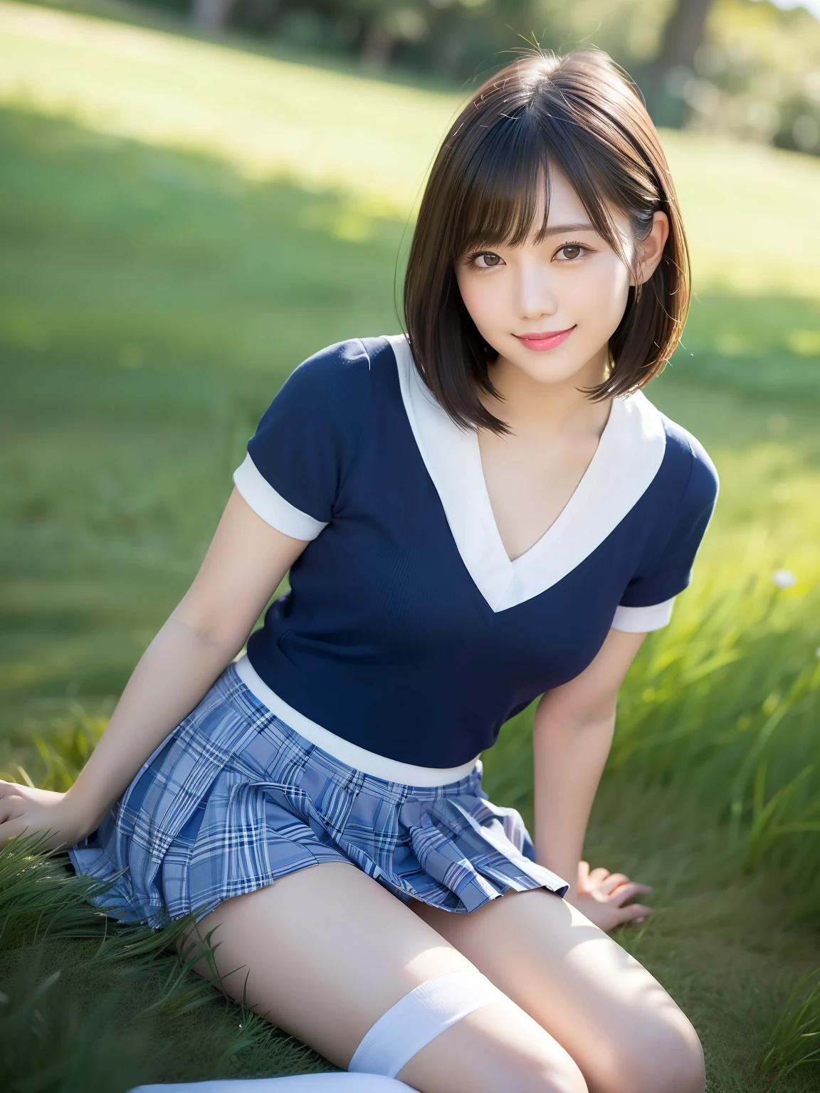 ((8K、32K、Raw photography、top-quality、masterpiece:1.3))、((realisitic、Photorealsitic:1.38))、ultra-detailliert、Photo of one person、beautiful mature lady、Age is 50 years、Born in the 1970s、cute little、独奏、Light makeup、Keep your real face、((Under the blue sky:1.3))、((On the lawn:1))、((Spread your legs for your audience:1.3))、((Do not hide your crotch with both hands:1.5))、((Posture as if straddling a Japanese-style toilet))、((Squats with legs spread in an M-shape:1.3))、((Sensational provocative pose:1.26))、((Stretch your open hand forward、entreaty、Pose of:1.15))、dark hair on the head、(Virgin female genitalia perfectly visible for your audience)、A small amount of redheaded pubic hair、((stick out chest))、((exposed breast:1))、((Breast size is B cup:1))、Happy bright smile、Beautiful teeth alignment、(blush of the nose)、((A smile:1.25))、seducting smile、Dimples、(Photon mapping)、profetional lighting、Illuminate the front of the subject、Sony A7R4、Zessie 50mm f1.8、Beautiful Detail Eye、((Thin cheergirl uniform-like dress on fabric,amarelo,white colors、Highly transparent stocking fabric))、(Short bob hair:1.35)、(Floating hair:1.5)、fluffy hair、(I'm wearing sneakers)、