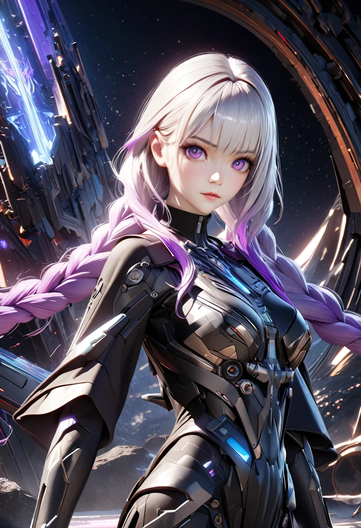 detailed portrait of two secret agent lovers, man and woman standing standing side by side looking at the viewer, yinji, purple hair, purple eyes, long hair, white hair, double braids, gradient hair, highly detailed, intricate machinery, glossy metal skin, glowing blue lights, complex circuitry, futuristic technology, edge light, dramatic lighting, beautiful starry background, octane rendering, cool, personality, brave, realistic 3D render, cinematic composition, award winning digital art, best quality, masterpiece, illustrations, very exquisite and beautiful, very detailed, CG, unity, wallpaper, stunning, exquisite details