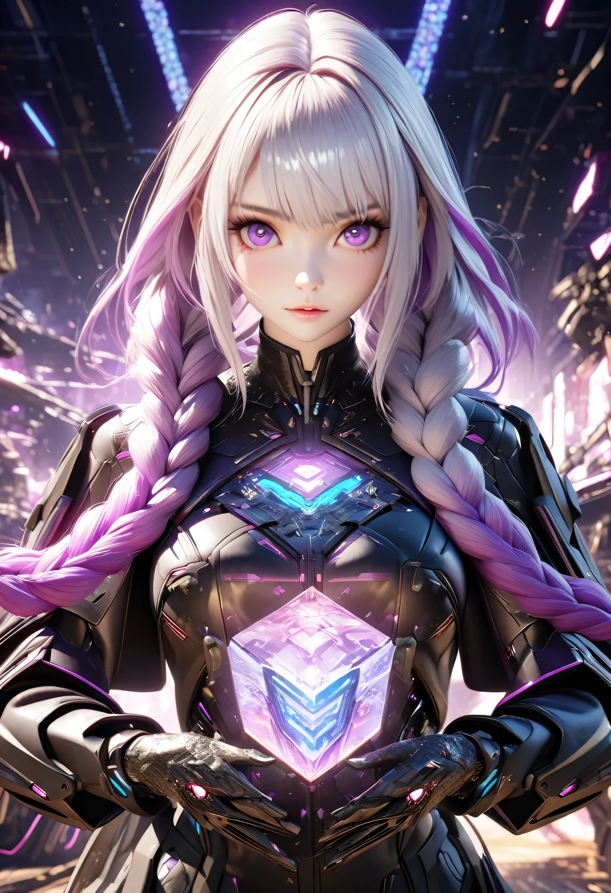 detailed portrait of two secret agent lovers, man and woman standing standing side by side looking at the viewer, yinji, purple hair, purple eyes, long hair, white hair, double braids, gradient hair, highly detailed, intricate machinery, glossy metal skin, glowing blue lights, complex circuitry, futuristic technology, edge light, dramatic lighting, beautiful starry background, octane rendering, cool, personality, brave, realistic 3D render, cinematic composition, award winning digital art, best quality, masterpiece, illustrations, very exquisite and beautiful, very detailed, CG, unity, wallpaper, stunning, exquisite details