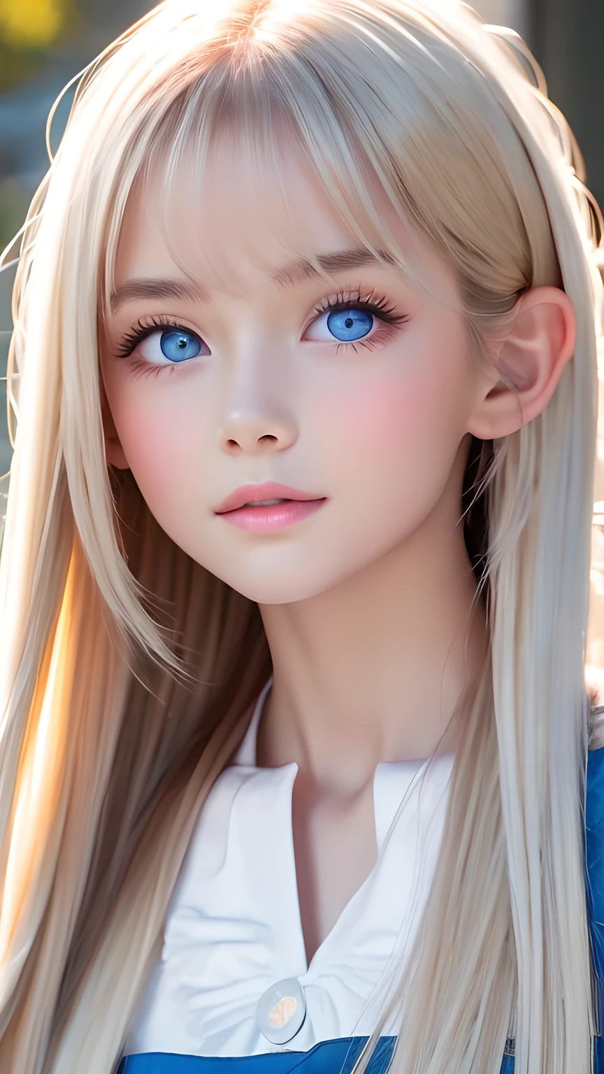 Photorealism、highest quality、超A high resolution、picture、Photo of a very beautiful girl of Scandinavian origin、An exceptionally beautiful girl、Cute and beautiful face details、(Purelos Face_v1:0.008)、Beautiful Bangs、Alice in Wonderland、16 years old、Radiant, fair, glowing skin、Hair on face、Bangs that reach the face、Bangs between the eyes、Super long super long hair、Glamorous bright natural platinum blonde super long straight silky hair、Thin Hair、Attractive shining beautiful bright clear light blue big eyes、White apron、Blue Dress、eyeliner、double eyelid、Ample Bust、White, shiny skin