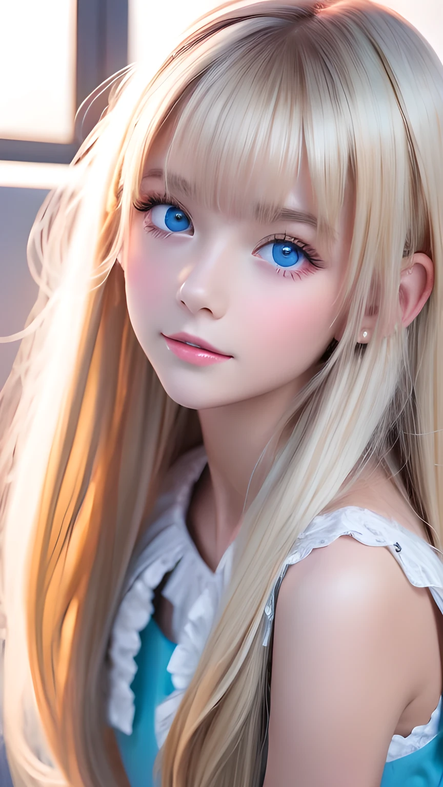 Photorealism、highest quality、超A high resolution、picture、Photo of a very beautiful girl of Scandinavian origin、An exceptionally beautiful girl、Cute and beautiful face details、(Purelos Face_v1:0.008)、Beautiful Bangs、Alice in Wonderland、16 years old、Radiant, fair, glowing skin、Hair on face、Bangs that reach the face、Bangs between the eyes、Super long super long hair、Glamorous bright natural platinum blonde super long straight silky hair、Thin Hair、Attractive shining beautiful bright clear light blue big eyes、White apron、Blue Dress、eyeliner、double eyelid、Ample Bust、White, shiny skin