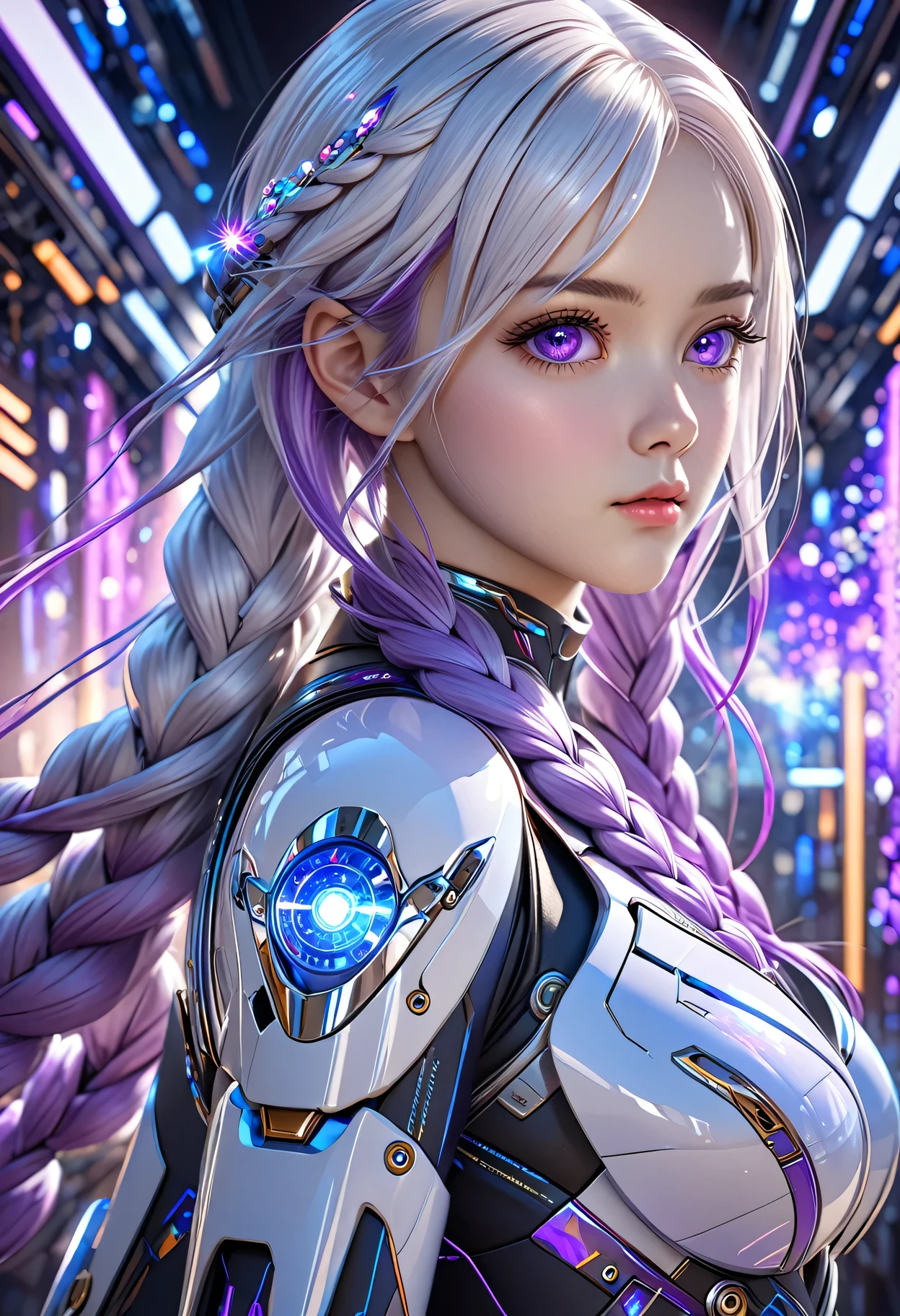 Two cyborg girls standing standing side by side looking at the viewer, yinji, purple hair, purple eyes, long hair, white hair, double braids, gradient hair, highly detailed, intricate machinery, glossy metal skin, glowing blue lights, complex circuitry, futuristic technology, edge light, dramatic lighting, beautiful starry background, octane rendering, cool, personality, brave, realistic 3D render, cinematic composition, award winning digital art, best quality, masterpiece, illustrations, very exquisite and beautiful, very detailed, CG, unity, wallpaper, stunning, exquisite details