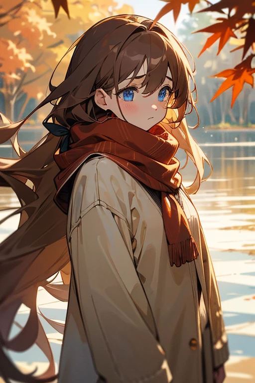(masterpiece), highest quality, Super detailed, figure, Warm lighting, Soft lighting, Bright colors, 1 girl, alone,( beautiful girl, Long Hair, blue eyes, ribbon, Brown Hair, Hair between the eyes, hair ribbon, Side Lock, very Long Hair, Messy Hair,) , autumn, Lots of maple trees, maple leaf, Golden Leaf, autumn leaves, Dry leaves, river, Fresh air, peace, Cool breeze , Sweater Weather,( Wear a white or brown sweater, Red scarf, melancholyなautumn, Lost in Thought, melancholy, sad ,Worried, longing,)