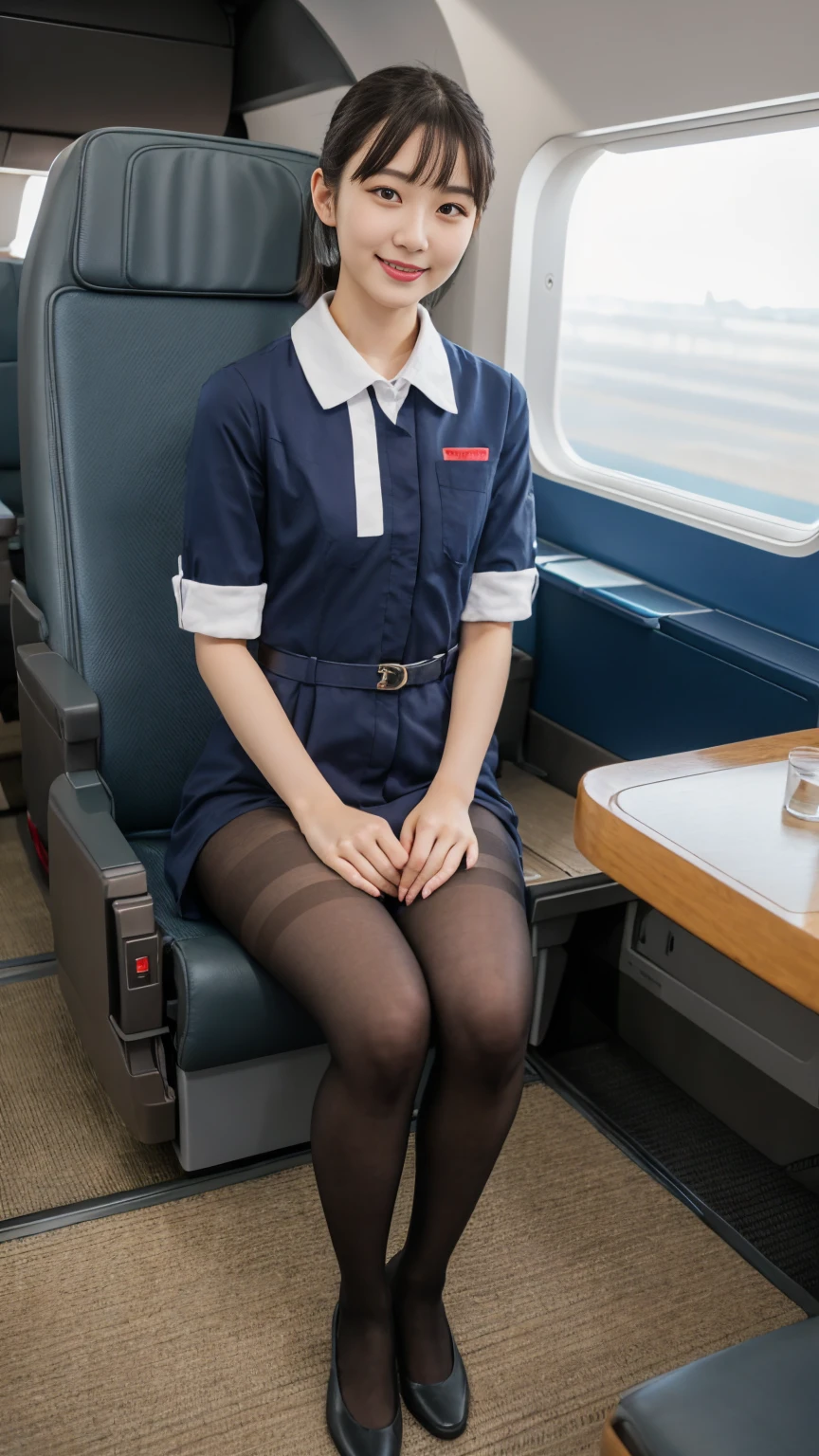 (Happy expression:1.26)、RAW Photos、(((Ultimate beauty full body photo shoot)))、((Glowing Skin))、Young Face、Bright expression、Detailed face、attractive、Contrapuntal Shot、((Very detailed))、(完璧にDetailed face)、(Great hands)、(Finger details)、(Superior anatomy)、Photorealistic images、最high quality、Very detailed、Film Light、Intricate details、High resolution、Very detailed))、Detailed Background、8KUHD、Digital single-lens reflex camera、Soft Light、high quality、Film Grain、Fujifilm XT3 、Shallow depth of field、natural Soft Light、1 girl, solo, 20 years old, small breasts, Perfect Face, beautiful, bob cut, jal uniform, airplane interior, black pantyhose, white lace panty, panties under pantyhose,full body, looking through legs, sit on the seat,spread legs,nsfw