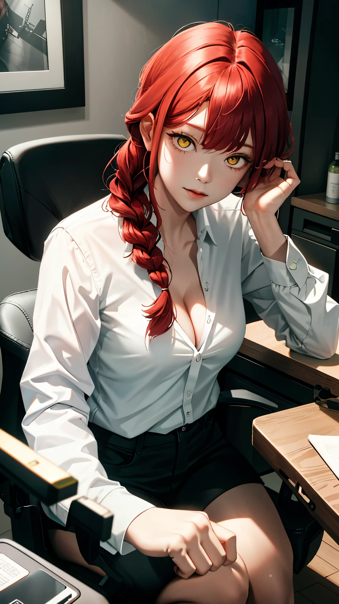 cleavage,masterpiece,(Reality:1.4),best qualtiy,(cleavage:1.3),beautiful light up,(Ulzzang-6500:0.5),makima \(chainsawman\),(red hair)+(long braid)+(By bangs),Yellow eyes,Golden eyes, ((eye socket)), (white shirt), (tiese), RAW photos, 8K UHD, filmgrain