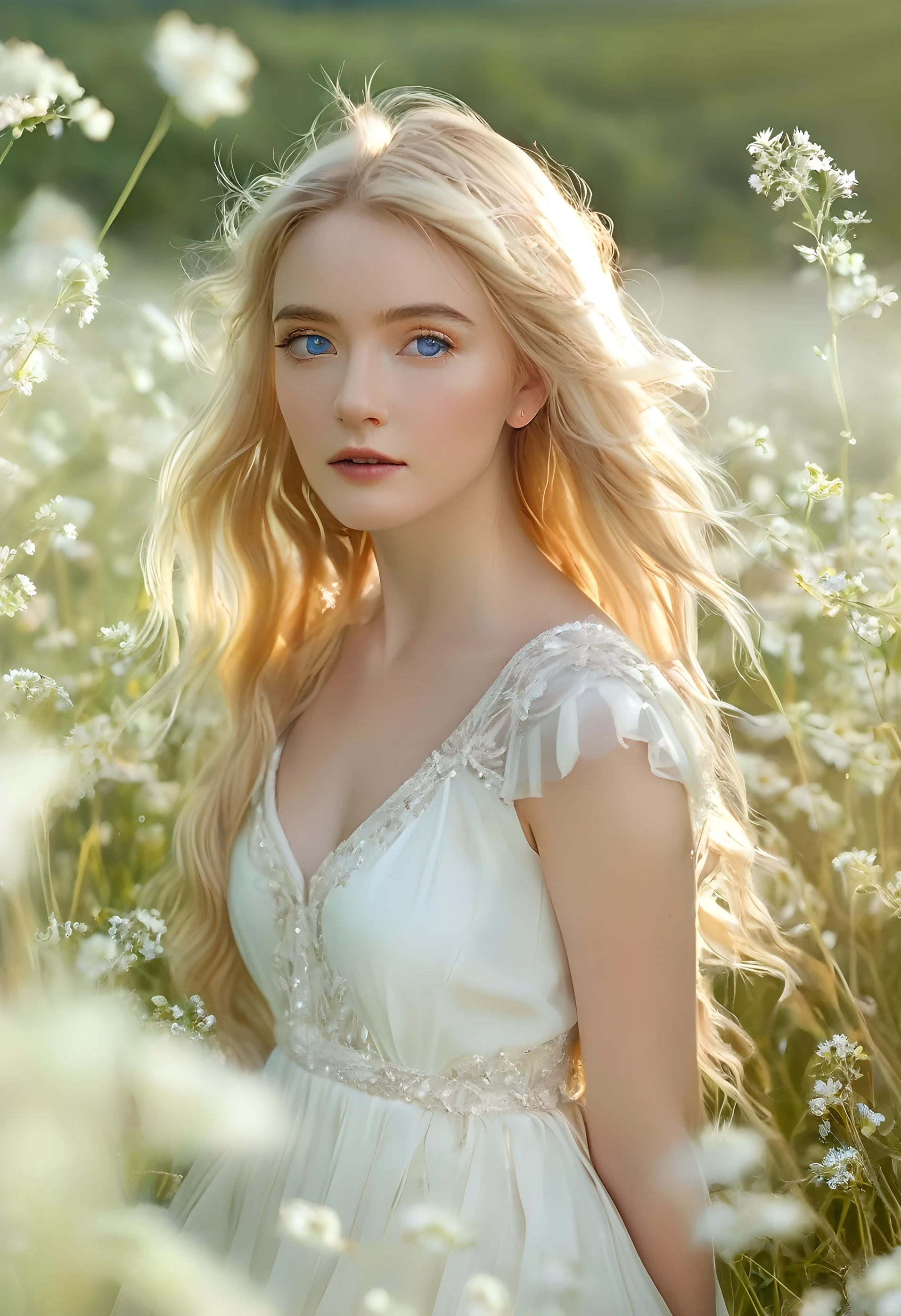 a beautiful young european woman in a white dress on a meadow, golden hair and blue eyes, natural lighting on her face and hair, glowing strands, serene, ethereal, mihaela noroc style, soft colors, photorealistic, highly detailed, 8k, best quality