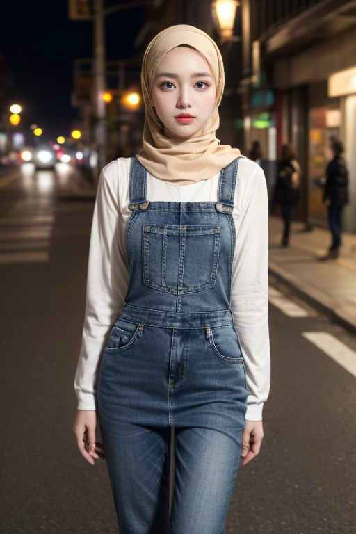 (realistic photos of Hijab Korean female, slightly smile,expressive eyes,eye makeup,street light background,standing posture,confident attitude,Eye-Level Shot, slightly blurry background,UHD,masterpiece:1.2,highres,16k), pinafore with long Jeans