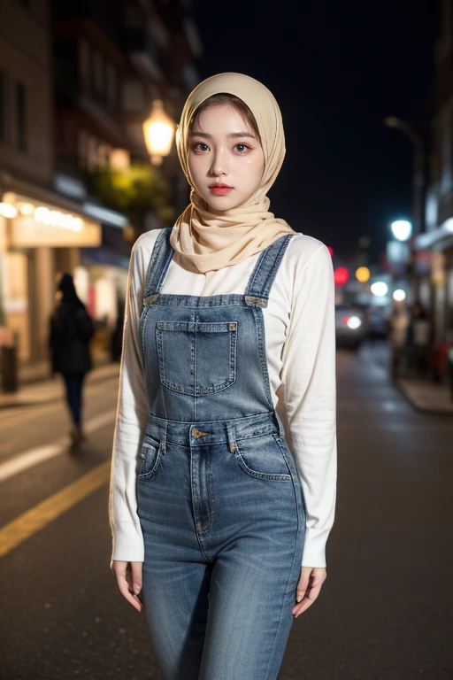 (realistic photos of Hijab Korean female, slightly smile,expressive eyes,eye makeup,street light background,standing posture,confident attitude,Eye-Level Shot, slightly blurry background,UHD,masterpiece:1.2,highres,16k), pinafore with long Jeans