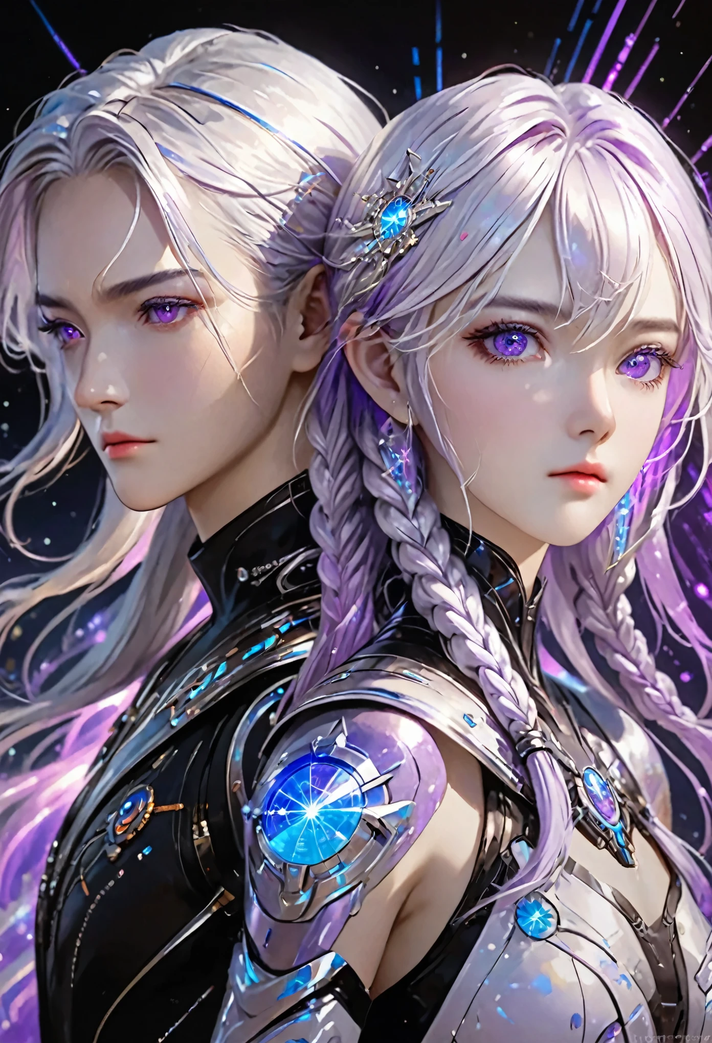 detailed portrait of two secret agent lovers, (man and woman standing standing side by side looking at the viewer), yinji, purple hair, purple eyes, long hair, white hair, double braids, gradient hair, highly detailed, intricate machinery, glossy metal skin, glowing blue lights, complex circuitry, futuristic technology, edge light, dramatic lighting, beautiful starry background, octane rendering, cool, personality, brave, realistic 3D render, cinematic composition, award winning digital art, best quality, masterpiece, illustrations, very exquisite and beautiful, very detailed, CG, unity, wallpaper, stunning, exquisite details