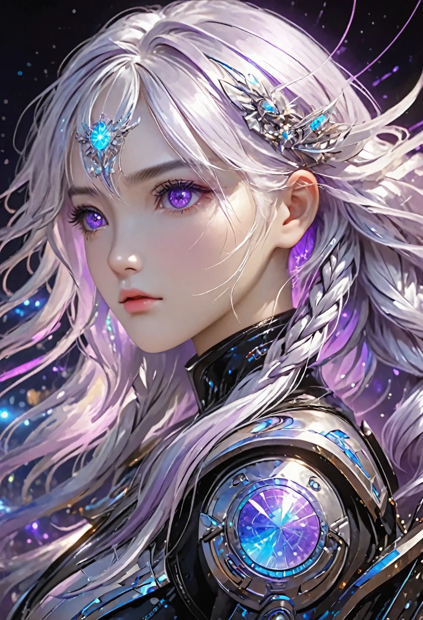 detailed portrait of two secret agent lovers, (man and woman standing standing side by side looking at the viewer), yinji, purple hair, purple eyes, long hair, white hair, double braids, gradient hair, highly detailed, intricate machinery, glossy metal skin, glowing blue lights, complex circuitry, futuristic technology, edge light, dramatic lighting, beautiful starry background, octane rendering, cool, personality, brave, realistic 3D render, cinematic composition, award winning digital art, best quality, masterpiece, illustrations, very exquisite and beautiful, very detailed, CG, unity, wallpaper, stunning, exquisite details