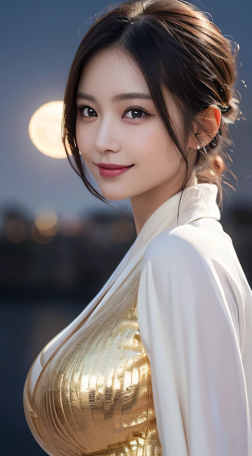 Kimono beauty, body portrait, 8k, thin and beautiful eyes, Dindal effect, masterpiece, top quality, high quality, high resolution, very detailed photo, (natural skin texture, fine skin, hyper realism, super sharpness) , high detail skin, (very fine, fine skin texture, intricate details, beautiful face, (real-like face), realistic eyes, beautifully detailed eyes, realistic skin, beautiful skin, surreal, Highly detailed, golden ratio, smiling eyes, ((night moonlight background)), body portrait, G cup, big breasts, huge breasts, big breasts, glamorous, shiny bodysuit