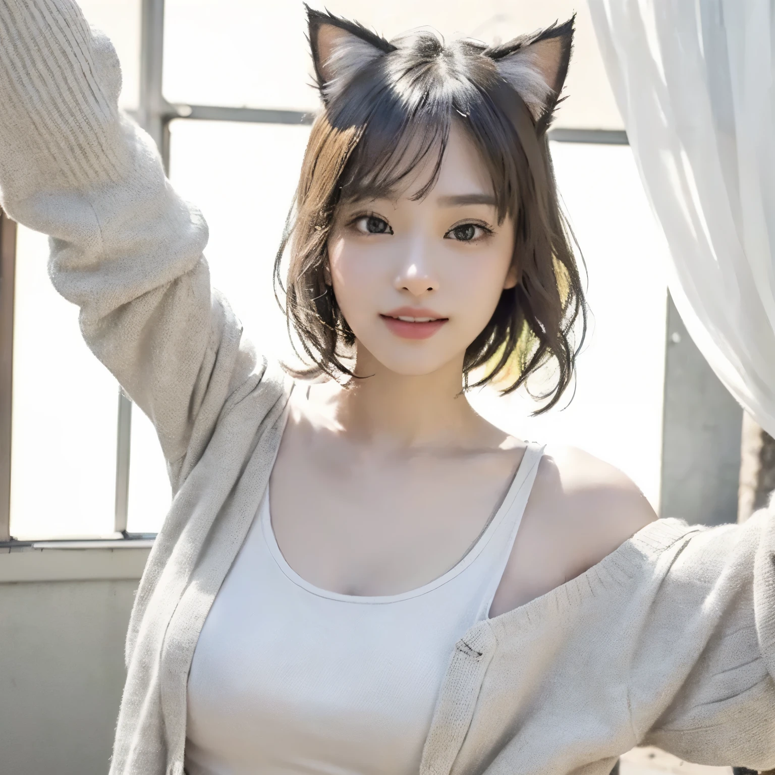 {{{masterpiece}}}, Wearing a stylish summer cardigan, Waving with open arms, (masterpiece, best quality),1 cat girl, {Very delicate and beautiful}, (alone:1.5), (highest quality:1.2), (Ultra-high resolution, Realistic, RAW Photos:1.4), 8k, Cinema Lighting, Beautiful lighting, professional,  最高masterpiece,  She is wearing a light grey summer cardigan., Attractive cat girl in a white tank top, Very beautiful cute cat girl, Beautiful young cat girl, Real life anime cat girl, Beautiful Asian Cat Girl, Japanese Model, Realistic young gravure idol, Beautiful Japanese girl face, Beautiful Korean Women, Cat-eared girl, Beautiful young Korean woman, Realistic cat ears, Short Hair, Open your mouth, smile, Open your arms, wave hands, 