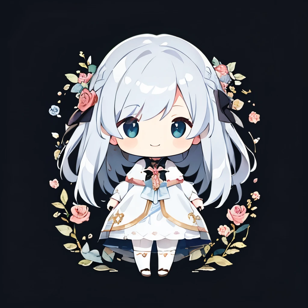 Transparent watercolor、girl、Gemstone Eyes、Beautiful arrangements and motifs、Depth of written border、smile、Flat avatar, 1girl, Bowing、Silver Hair((Medium Hair、Straight Hair)), White tips, Fashionable design clothes、Background white、Rose petals, Cute girl, Modest clothing, Black tights