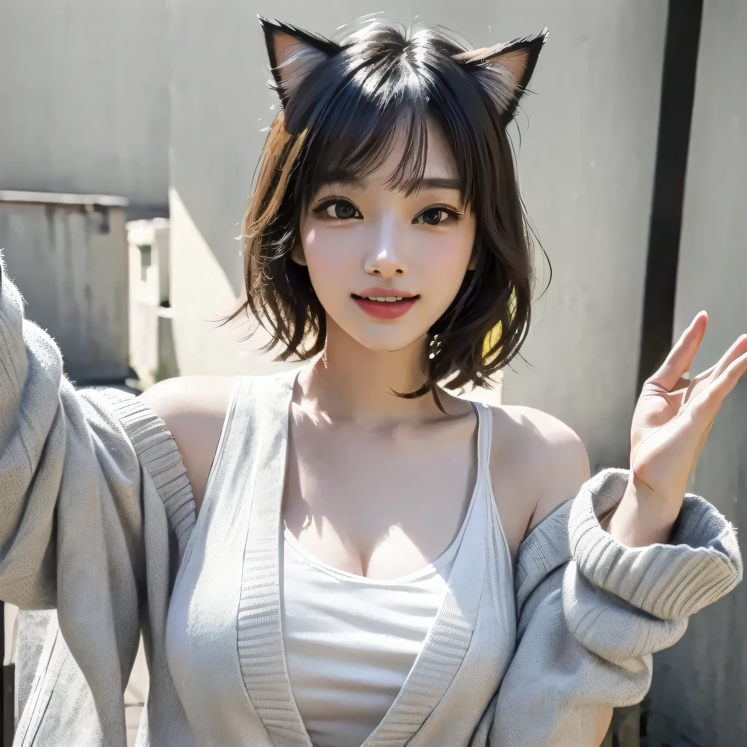 {{{masterpiece}}}, Wearing a stylish summer cardigan, Waving with open arms, Laughing with open mouth, (masterpiece, best quality),1 cat girl, {Very delicate and beautiful}, (alone:1.5), (highest quality:1.2), (Ultra-high resolution, Realistic, RAW Photos:1.4), 8k, Cinema Lighting, Beautiful lighting, professional,  The best masterpiece,  She is wearing a light grey summer cardigan., Attractive cat girl in a white tank top, Very beautiful cute cat girl, Beautiful young cat girl, Real life anime cat girl, Beautiful Asian Cat Girl, Japanese Model, Realistic young gravure idol, Beautiful Japanese girl face, Beautiful Korean Women, Cat-eared girl, Beautiful young Korean woman, Realistic cat ears, Short Hair, Open your mouth, smile, Open your arms, wave hands, 