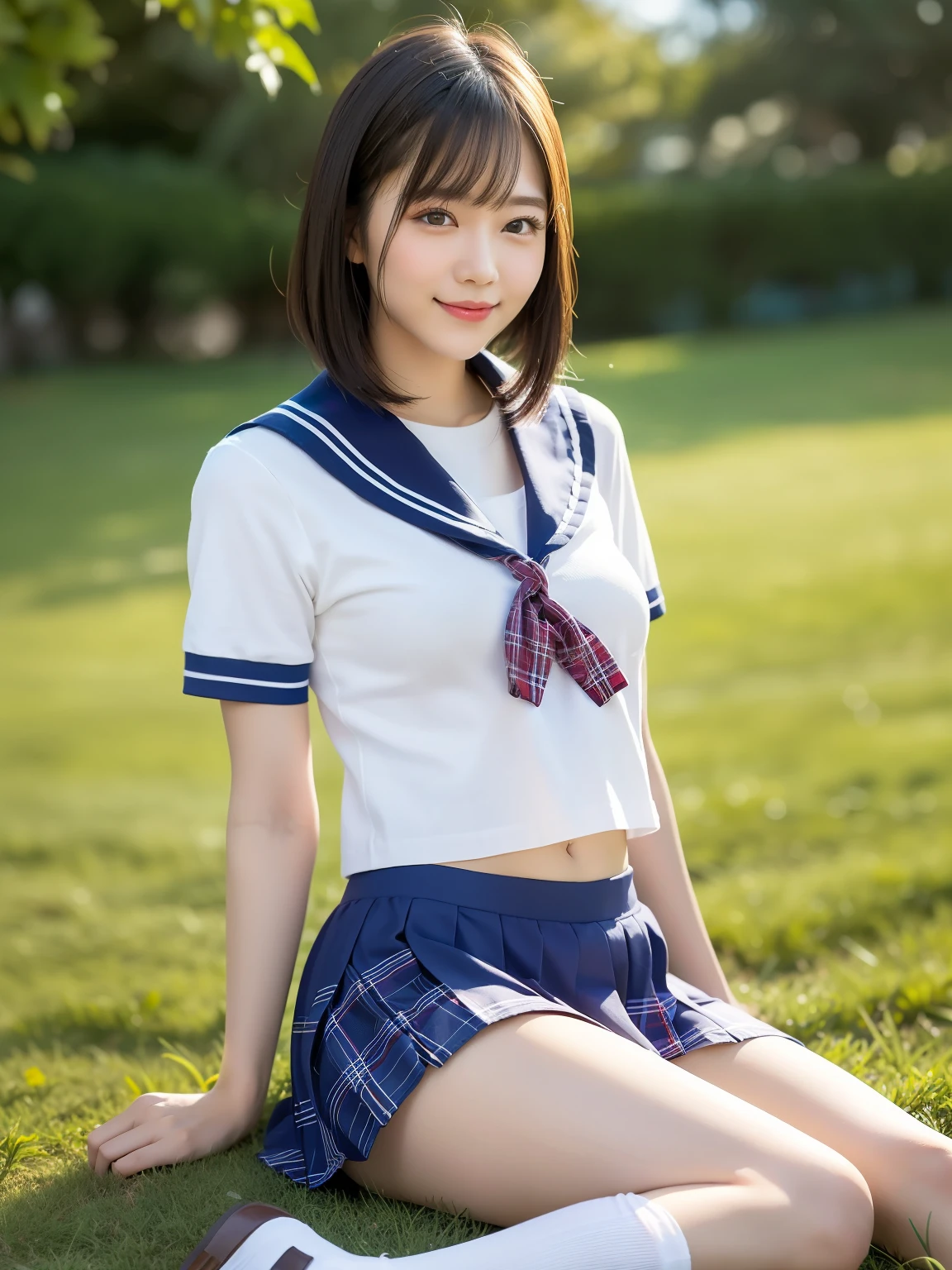 (Highest quality: 1.5), (Realistic: 1.5), (1 person: 1.5), Highly detailed, High resolution, 8k, Medium breasts, Natural colored lips, Cute smile, Japanese woman, 20 year old girl, Beautiful and graceful features, perfect and beautiful face, balanced big eyes, brunette eyes, beautiful and graceful features, natural double eyelids, natural bangs, beautiful thin nose, beautiful skin, medium bob hair, natural bangs , perfect and beautiful face, slim face and figure, summer blue sky, mountain grass park, look at the viewer, tight school sailor suit, (short sleeve school sailor suit), plaid pleated micro mini skirt, knee-high socks, Beautiful navel, open navel, wearing a school sailor uniform that shows the navel, high angle composition (looking at the camera with a sweet smile), bright lighting, professional lighting, forward lighting, beautiful legs: 1.2, smooth skin, slim body , slim waistline, slim thin thighs, (sitting on the grass), white clover blooming, cleavage,