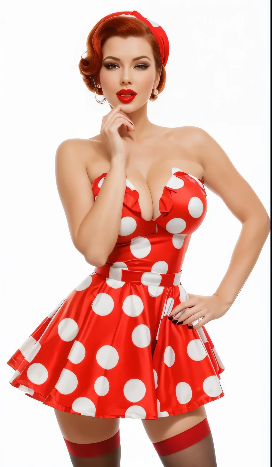 Full length photo of a girl. realistic 35 year old sexy emotional, рыжеволосая Diana Dors. she opened her mouth, squinting one eye as if winking, open mouth, adding mystery and sexuality. She touches her feet with surprise, taking a sexual position. The model is made in pin-up style with hair styled in victory rolls style. She has plump sexy red lips, she has average breasts and blows a sexy kiss. She portrays an American housewife. Her short hair creates the look of a pin-up girl. She is on a white background, red retro dress with large polka dots with fluffy, voluminous ballerina skirt bouffant dress. red retro bouffant dress with polka dots in pin-up style with large polka dots, a fluffy, voluminous ballerina skirt and a tutu. A red bandana on the head., and red stockings on her legs wears a red retro dress with large polka dots with a fluffy voluminous ballerina skirt. Red bandana on head, and red stockings on my feet. The photo is made in pin-up style, emphasizing the retro-USA vibe. winks blinks one eye turns looks straight at the camera she touches her lips she laughs