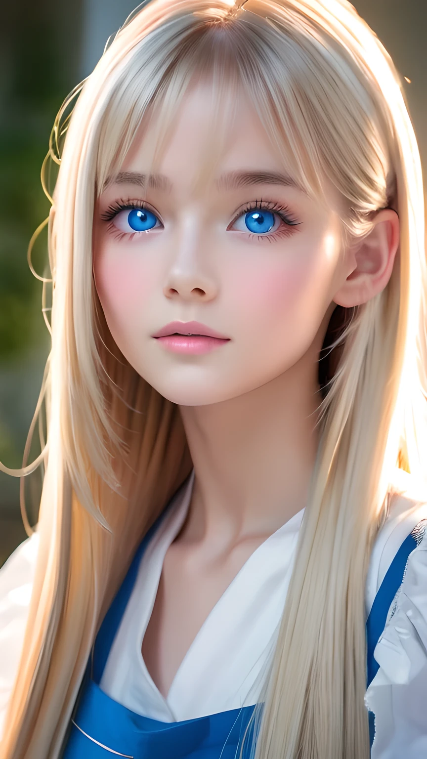 Photorealism、highest quality、超A high resolution、picture、Photo of a very beautiful girl of Scandinavian origin、An exceptionally beautiful girl、Cute and beautiful face details、(Purelos Face_v1:0.008)、Beautiful Bangs、Alice in Wonderland、16 years old、Radiant, fair, glowing skin、Hair on face、Bangs that reach the face、Bangs between the eyes、Super long super long hair、Glamorous bright natural platinum blonde super long straight silky hair、Thin Hair、Very large, bright blue eyes that shine beautifully、White apron、Blue Dress、eyeliner、double eyelid、Ample Bust、White, shiny skin、Small Face Beauty、Round face、