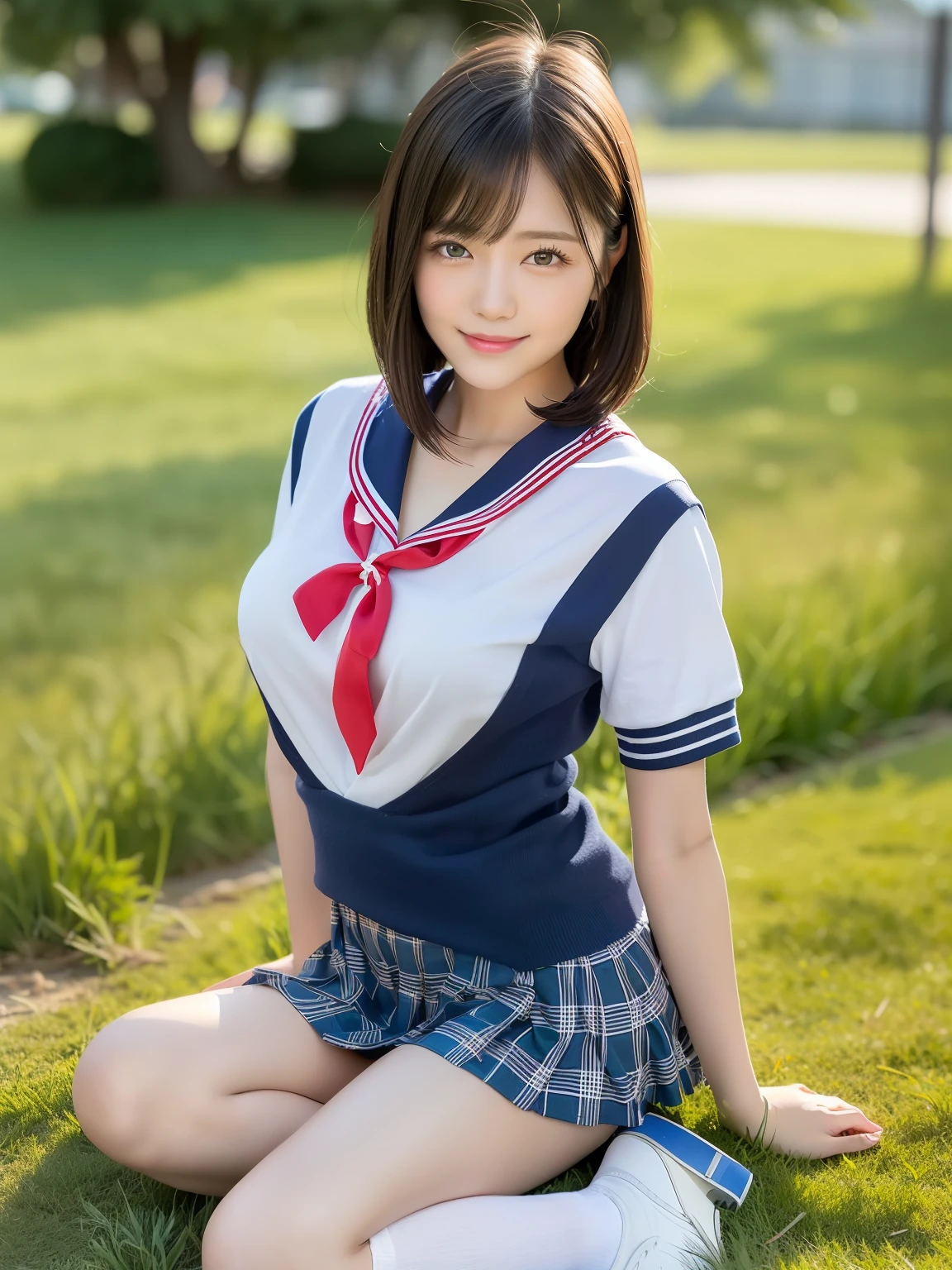 (Highest quality: 1.5), (Realistic: 1.5), (1 person: 1.5), Highly detailed, High resolution, 8k, Medium breasts, Natural colored lips, Cute smile, Japanese woman, 20 year old girl, Beautiful and graceful features, perfect and beautiful face, balanced big eyes, brunette eyes, beautiful and graceful features, natural double eyelids, natural bangs, beautiful thin nose, beautiful skin, medium bob hair, natural bangs , perfect and beautiful face, slim face and figure, summer blue sky, mountain grass park, look at the viewer, tight school sailor suit, (short sleeve school sailor suit), plaid pleated micro mini skirt, knee-high socks, Beautiful navel, open navel, wearing a school sailor uniform that shows the navel, high angle composition (looking at the camera with a sweet smile), bright lighting, professional lighting, forward lighting, beautiful legs: 1.2, smooth skin, slim body , slim waistline, slim thin thighs, (sitting on the grass), white clover blooming, cleavage,