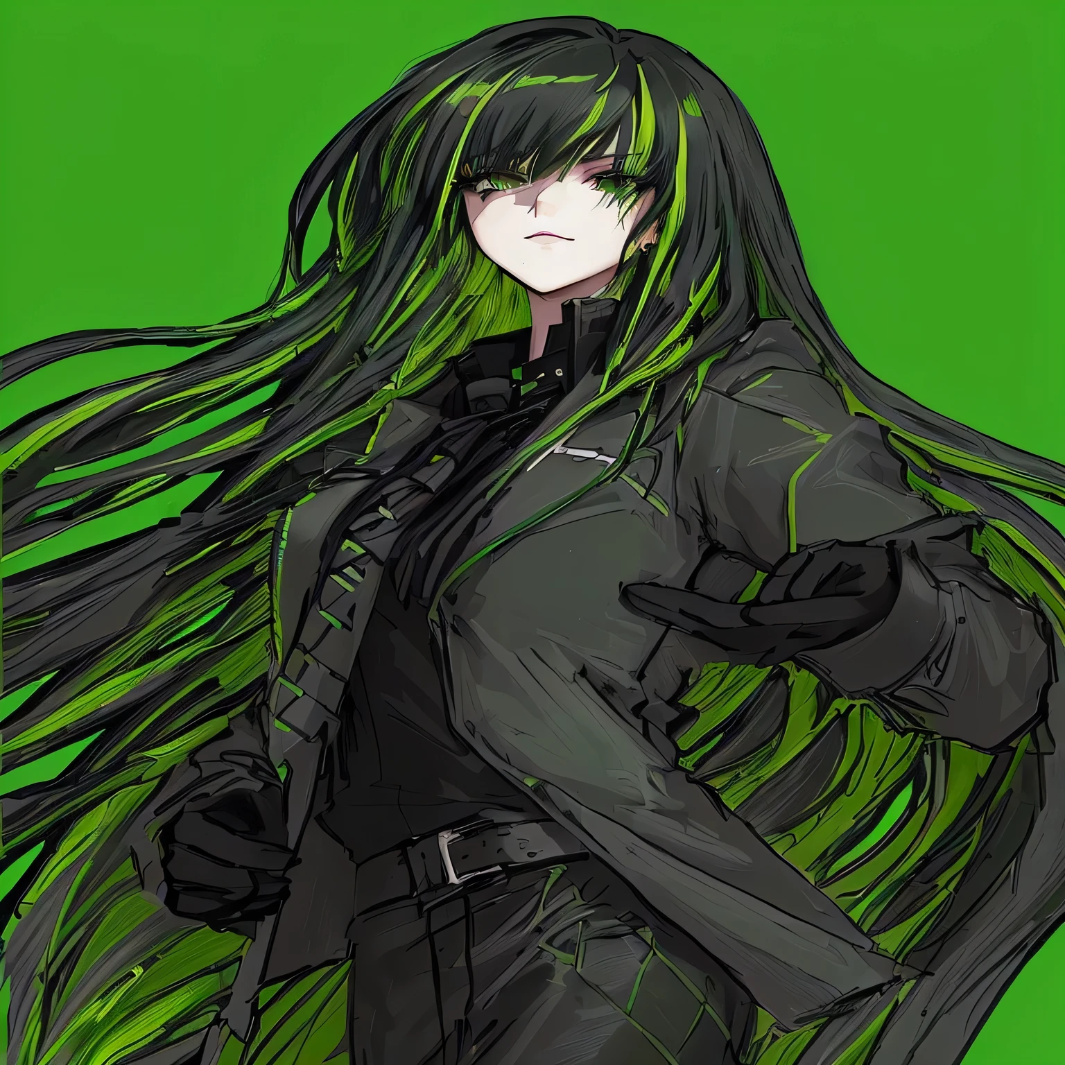 a drawing of a woman with long green hair and a black jacket, green mane, digital art from danganronpa, green flowing hair, green and black hair, green colored skin!!, black and green, green and black, inspired by Rei Kamoi, with long dark hair, rogue anime girl, green and black colors, long straight green black hair