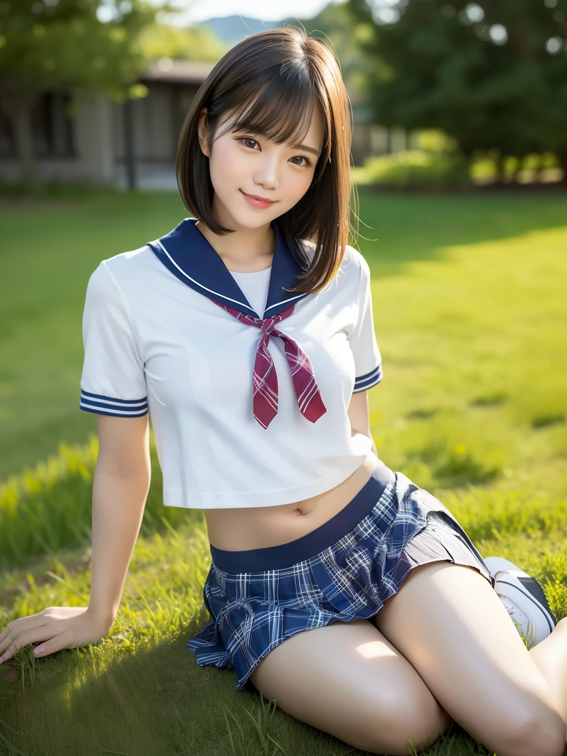 (Highest quality: 1.5), (Realistic: 1.5), (1 person: 1.5), Highly detailed, High resolution, 8k, Medium breasts, Natural colored lips, Cute smile, Japanese woman, 20 year old girl, Beautiful and graceful features, perfect and beautiful face, balanced big eyes, brunette eyes, beautiful and graceful features, natural double eyelids, natural bangs, beautiful thin nose, beautiful skin, medium bob hair, natural bangs , perfect and beautiful face, slim face and figure, summer blue sky, mountain grass park, look at the viewer, tight school sailor suit, (short sleeve school sailor suit), plaid pleated micro mini skirt, knee-high socks, Beautiful navel, open navel, wearing a school sailor uniform that shows the navel, high angle composition (looking at the camera with a sweet smile), bright lighting, professional lighting, forward lighting, beautiful legs: 1.2, smooth skin, slim body , slim waistline, slim thin thighs, (sitting on the grass), white clover blooming, cleavage,