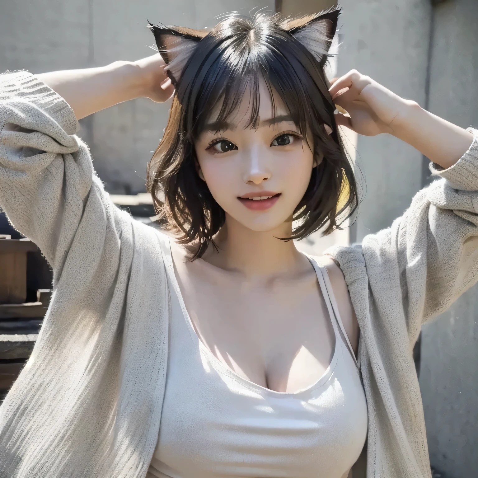 {{{masterpiece}}}, Wearing a stylish summer cardigan, Waving with open arms, Laughing with open mouth, (masterpiece, best quality),1 cat girl, {Very delicate and beautiful}, (alone:1.5), (highest quality:1.2), (Ultra-high resolution, Realistic, RAW Photos:1.4), 8k, Cinema Lighting, Beautiful lighting, professional, The best masterpiece, She is wearing a light grey summer cardigan., Attractive cat girl in a white tank top, Very beautiful cute cat girl, Beautiful young cat girl, Real life anime cat girl, Beautiful Asian Cat Girl, Japanese Model, Realistic young gravure idol, Beautiful Japanese girl face, Beautiful Korean Women, Cat-eared girl, Beautiful young Korean woman, Realistic cat ears, Short Hair, Open your mouth, smile, Open your arms, wave hands,
