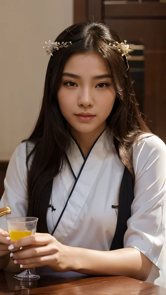 a close-up of a woman sitting at a table with a glass of water , uma garota em Hanfu, uma jovem como Genghis Khan, linda mulher oriental, Mulher chinesa, chinesa, princesa chinesa, an Asian woman, a young Asian woman, ancient princesa chinesa, Asian woman, Vestindo roupas chinesas antigas, beleza tradicional, young asian