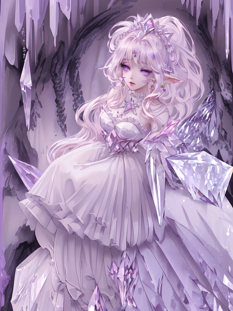 (highest quality, masterpiece, Super detailed, very detailed, exquisite, 16k,Full HD),dramatic lighting, warm lighting, soft lighting, environmental lighting,white background,From above,((head shot)),large amount of flowers,The entire screen is surrounded by flowers,in the forest,(Crystal Forest),(fairy princess, purple eyes, long eyelashes,white skin,slim,Pale pink lip,pale pink cheeks, blonde,thin and long,(thin and high nose,small nose),(From above her waist, a giant fairy wing),diamond tiara,diamond earrings,Diamond Choker,white ball gown dress with diamonds, lace and ruffles, (fantasy, romantic atmosphere), magic light,