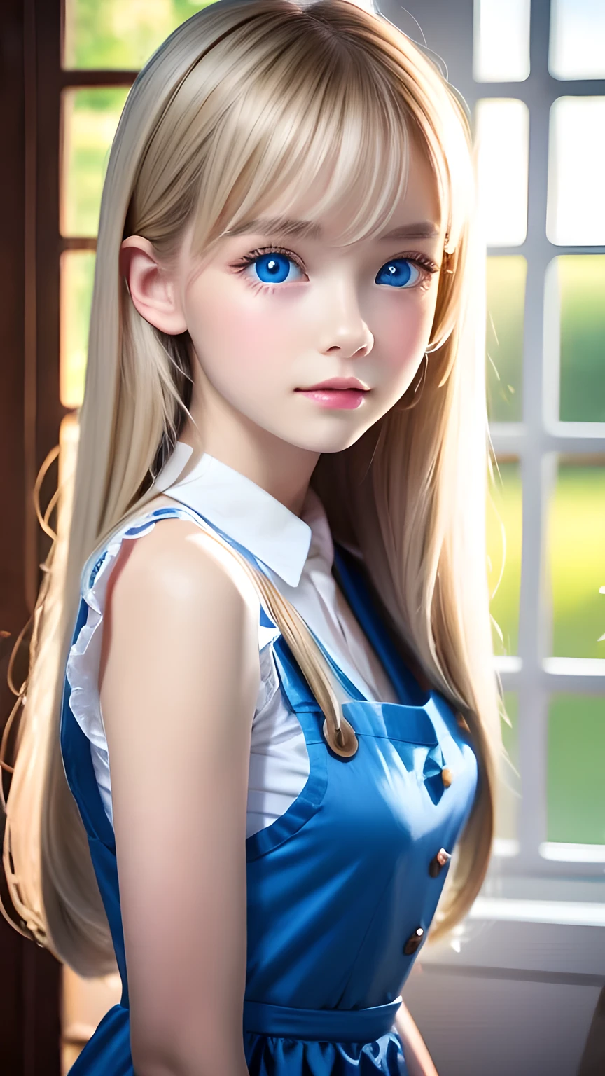 Photorealism、highest quality、超A high resolution、picture、Photo of a very beautiful girl of Scandinavian origin、An exceptionally beautiful girl、Cute and beautiful face details、(Purelos Face_v1:0.008)、Beautiful Bangs、Alice in Wonderland、、Radiant, fair, glowing skin、Hair on face、Bangs that reach the face、Bangs between the eyes、Super long super long hair、Glamorous bright natural platinum blonde super long straight silky hair、Thin Hair、Very large, bright blue eyes that shine beautifully、White apron、Blue Dress、eyeliner、double eyelid、Ample Bust、White, shiny skin、Small Face Beauty、Round face、