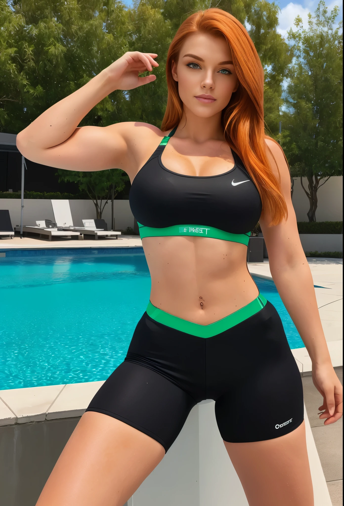 erstell mir bitte ein fitnessmodel dass aussieht wie kim possible, orangene haare, green eyes, Big , breites becken und ein definiertes sixpack