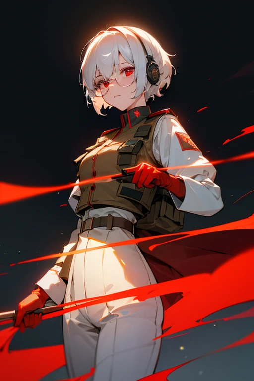 masterpiece , girl, On the battlefield, ( Light white short hair:1.2), (Red eyes:1.2), (Russian military uniforms:1.2), (View your viewers:1.2) , (8k, 最high quality 1.2), Super detailed, 8K Ultra HD, Soft lighting, high quality, Film Grain, Beautiful lighting, Cinematic ,Perfect body , Best lighting, Best Shadow, Sharpness, Contrast, Red glasses, Messy Hair, Tactical Vest, gloves, headset, Absurd high definition faces