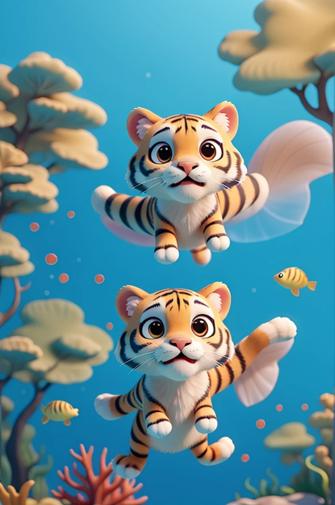 A super cute little tiger swimming in the dreamy ocean.