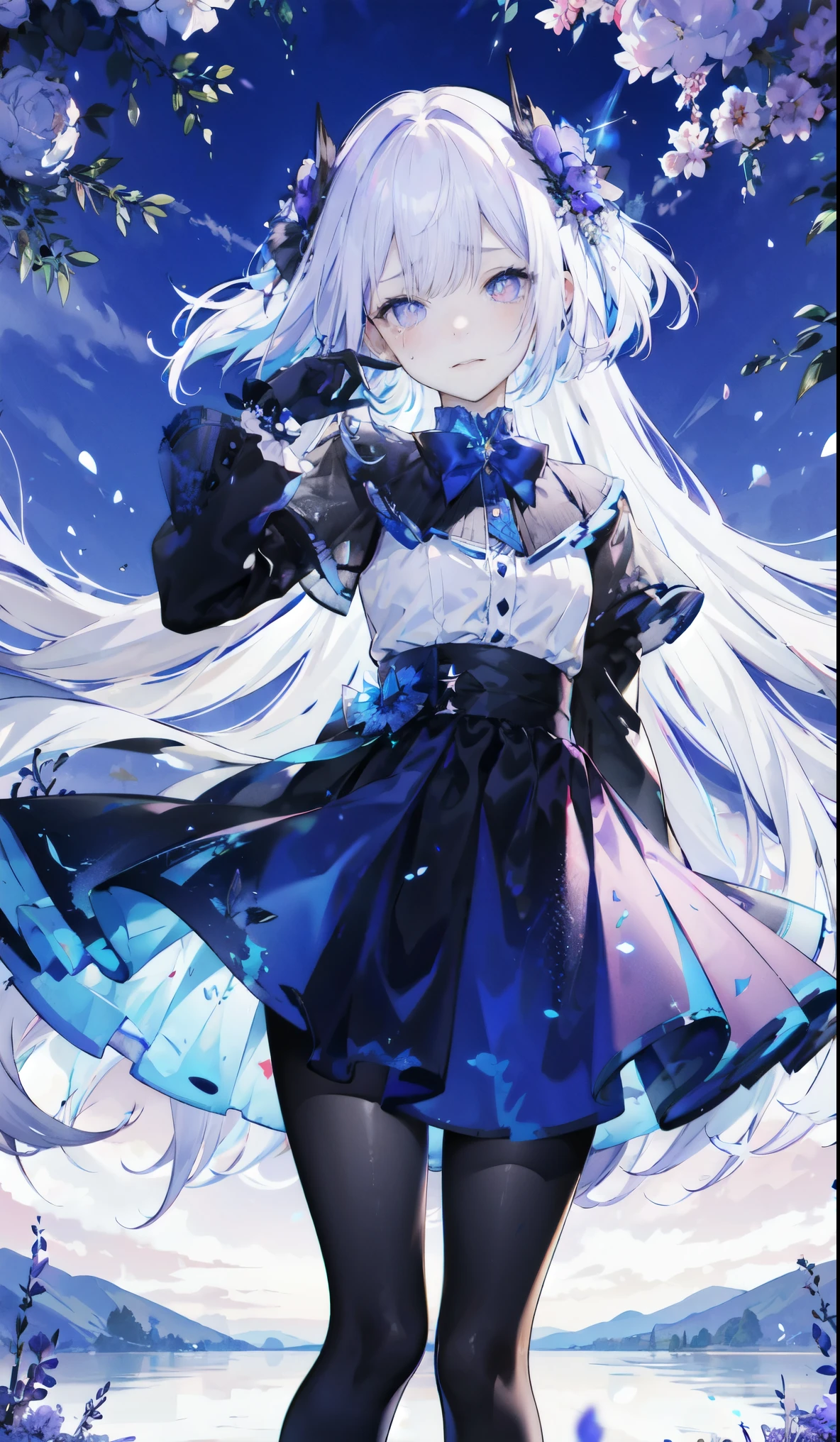 ((masterpiece:1.4,best quality)),(Super detailed),(Extremely detailed eyes),(Black leggings,Shiny socks:1.5),Hello Darkness
(Cute girls),15 years old,(Blood-red pupils,Diamond-shaped pupil:1.15),Purple Eyeshadow,(Elongated hair,Thick hair,shiny hair:1.5)(Variza:1.2),Fair skin,despair,Grief,Empty eyes,Tears streaming down my face,tilt head to one side,Kneel down
(She wears blue armor,A blue dress,:1.5),(blue gloves:1.4)Very long plush sleeves,White,White Cloud,Dream bubbles ,Ice and glitter effects
(Black long skirt:1.1),
(dawn:1.2),
(Intense black and white:1.16),(Depth of Field:1.4),,Intricate details,(Sky Castle,Standing on the lake,Purple flowers by the lake)