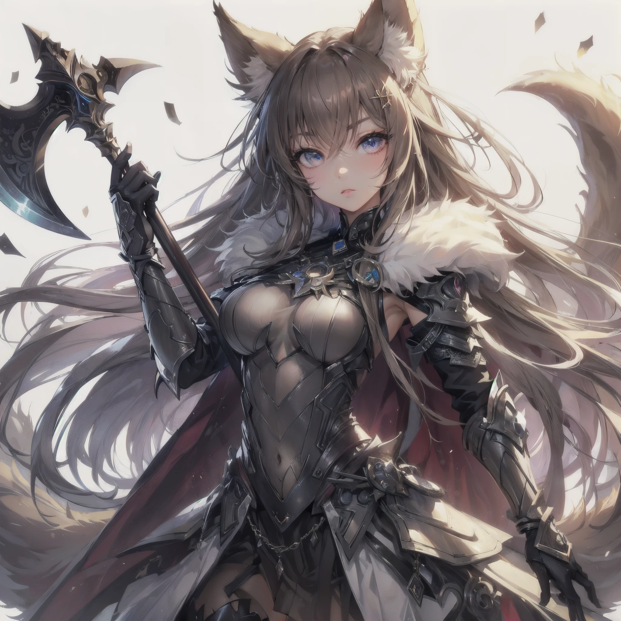 high quality,hd,16k,sharp line,1girl,fantasy,fem
ale wolf ears,wolf tail,beautiful hair ,cute face, large breasts ,nice legs,,focus girl,detailed beautiful face,detailed clothes,beautiful eyes,dynamic angle
