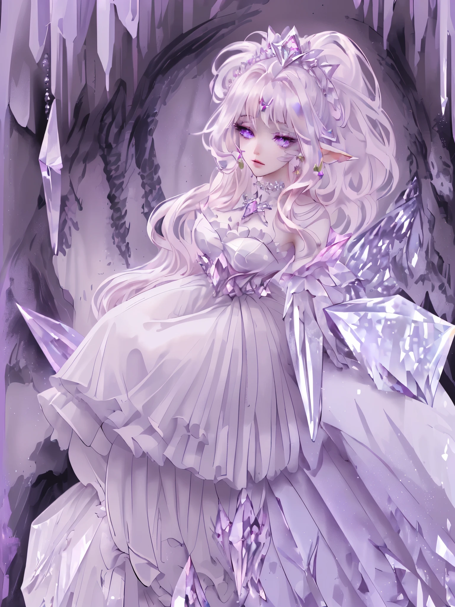 (highest quality, masterpiece, Super detailed, very detailed, exquisite, 16k,Full HD),dramatic lighting, warm lighting, soft lighting, environmental lighting,white background,From above,((head shot)),large amount of flowers,The entire screen is surrounded by flowers,in the forest,(Crystal Forest),(fairy princess, purple eyes, long eyelashes,white skin,slim,Pale pink lip,pale pink cheeks, blonde,thin and long,(thin and high nose,small nose),(From above her waist, a giant fairy wing),diamond tiara,diamond earrings,Diamond Choker,white ball gown dress with diamonds, lace and ruffles, (fantasy, romantic atmosphere), magic light,