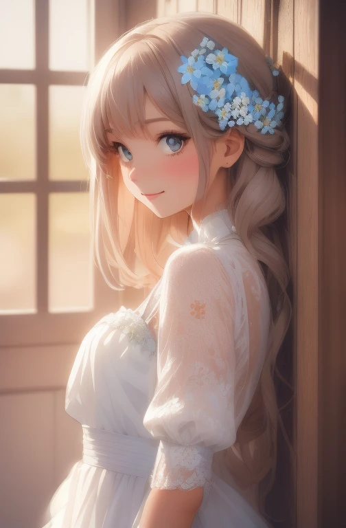 Absurd, High resolution, Super detailed, (One beautiful girl:1.3), A little smile, de luz, Ivory dress, pure, forget-me-not, Glitter, Pastel style, Soft Blending, Dreamy wash, Warm texture