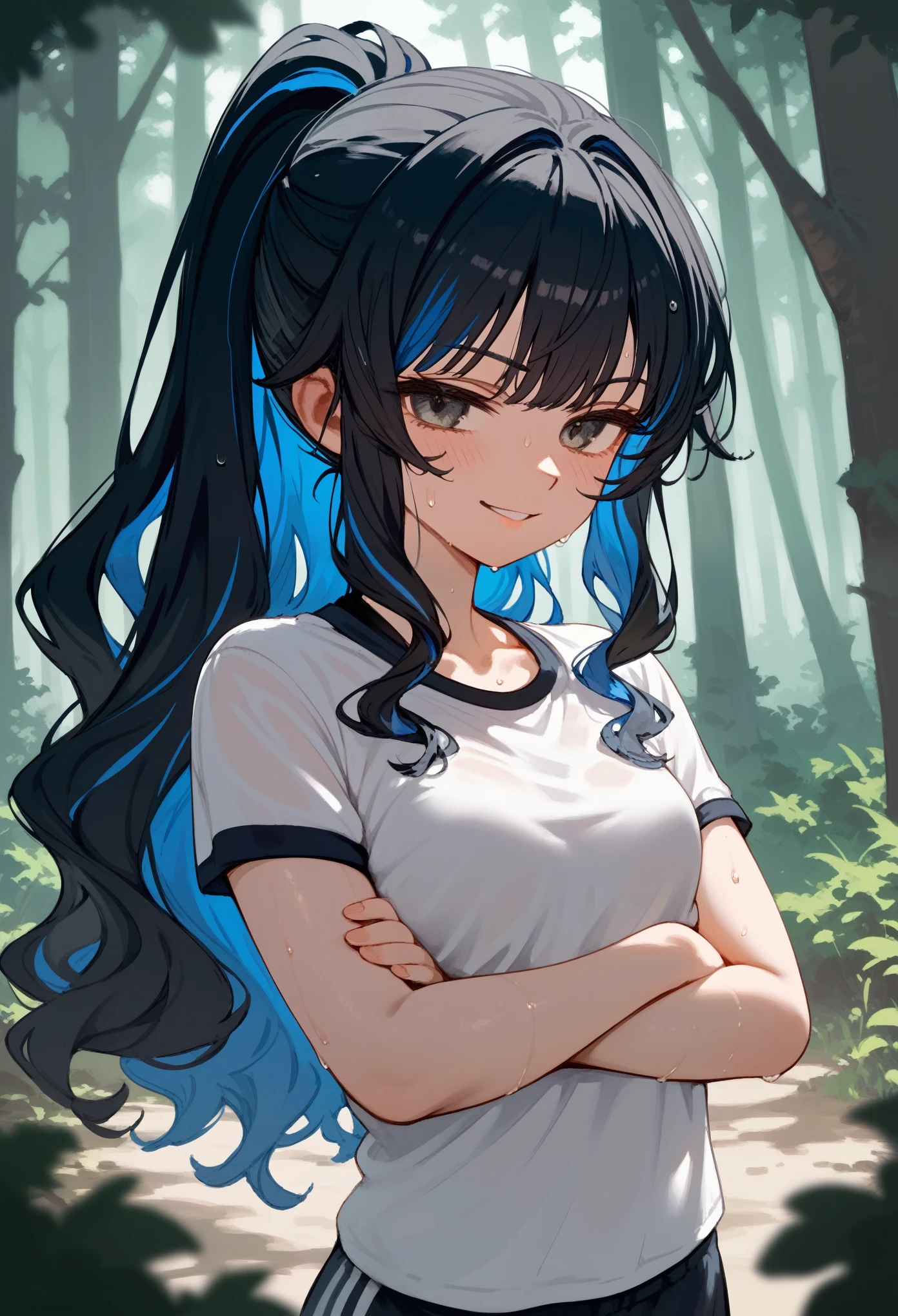 1girl, solo, multicolored hair, black hair, sidelocks, blue hair, wavy hair, ponytail, smirk, small breasts, upper body, white shirt, gym shorts, sweating, crossed arms, forest, daytime, thighs, leaning back, masterpiece, score_9, score_8_up, score_7_up