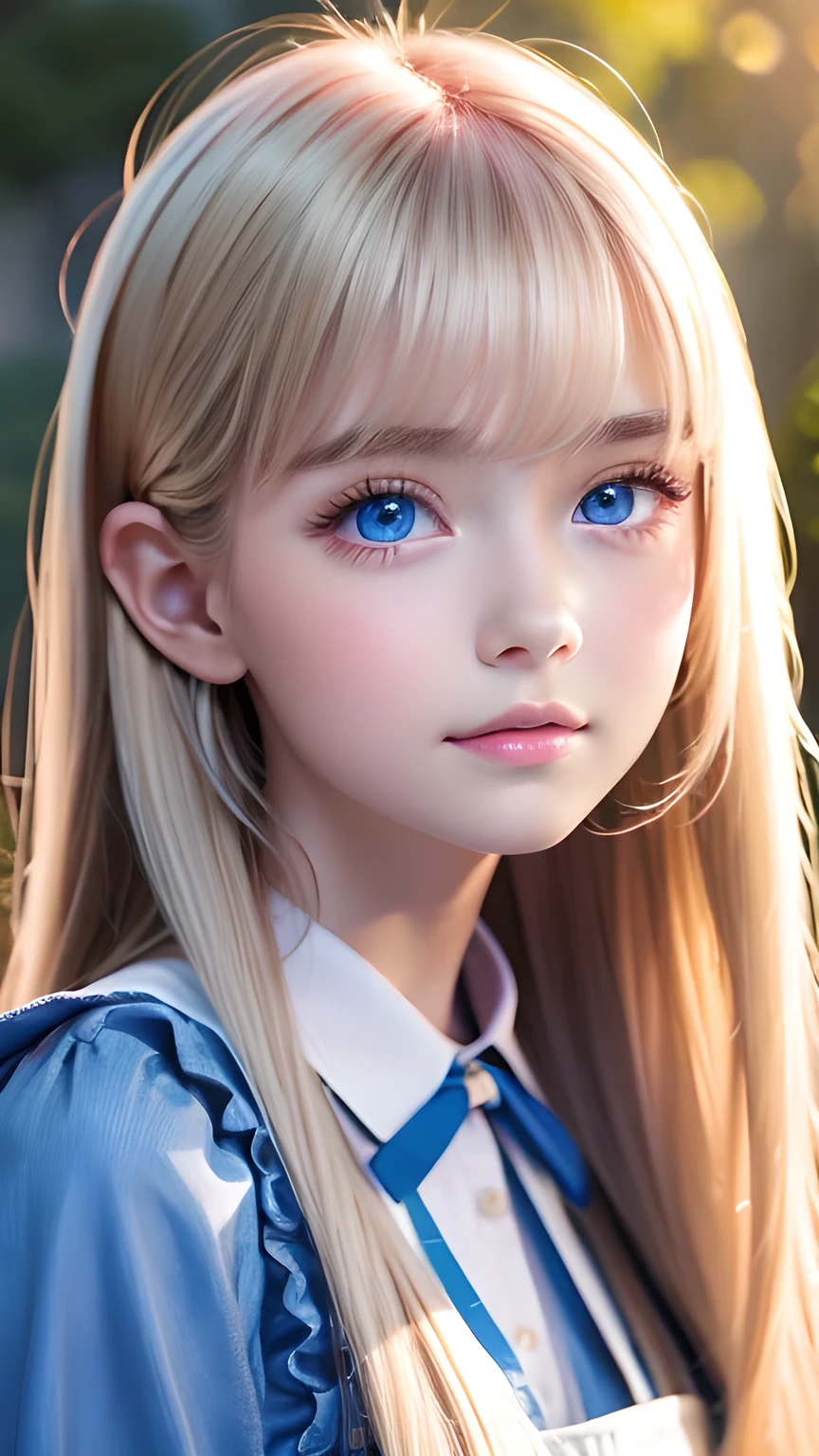 Photorealism、highest quality、超A high resolution、picture、Photo of a very beautiful girl of Scandinavian origin、An exceptionally beautiful girl、Cute and beautiful face details、(Purelos Face_v1:0.008)、Beautiful Bangs、Alice in Wonderland、16 years old、Radiant, fair, glowing skin、Hair on face、Bangs that reach the face、Bangs between the eyes、Super long super long hair、Glamorous bright natural platinum blonde super long straight silky hair、Thin Hair、Very large, bright blue eyes that shine beautifully、White apron、Blue Dress、eyeliner、double eyelid、Ample Bust、White, shiny skin、Small Face Beauty、Round face、