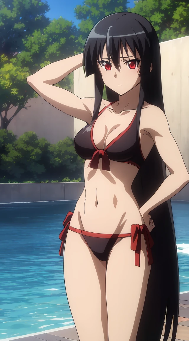 akame (Akame ga Kill) Anime Art Style, masterpiece, Best quality,1 Girl,very long black hair, perfect face, expressive eyes, Red eyes, in a black bra, in a black bikini, sexy pose ,naked body, on the beach, wound, Sun, сидит на sun loungerе, sun lounger