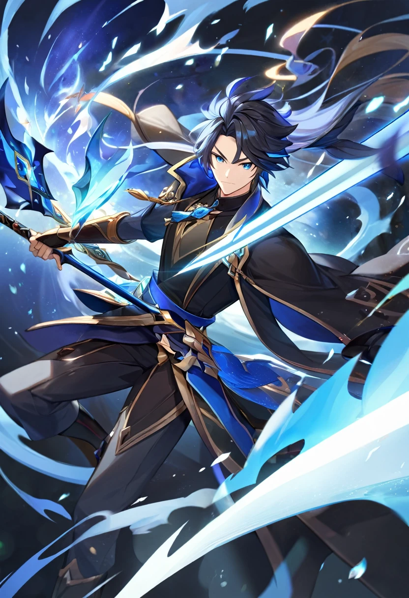 personagem masculino de genshin impact, tem cabelos pretos com mechas brancas. he uses a spear as a weapon and his clothes are black and blue.