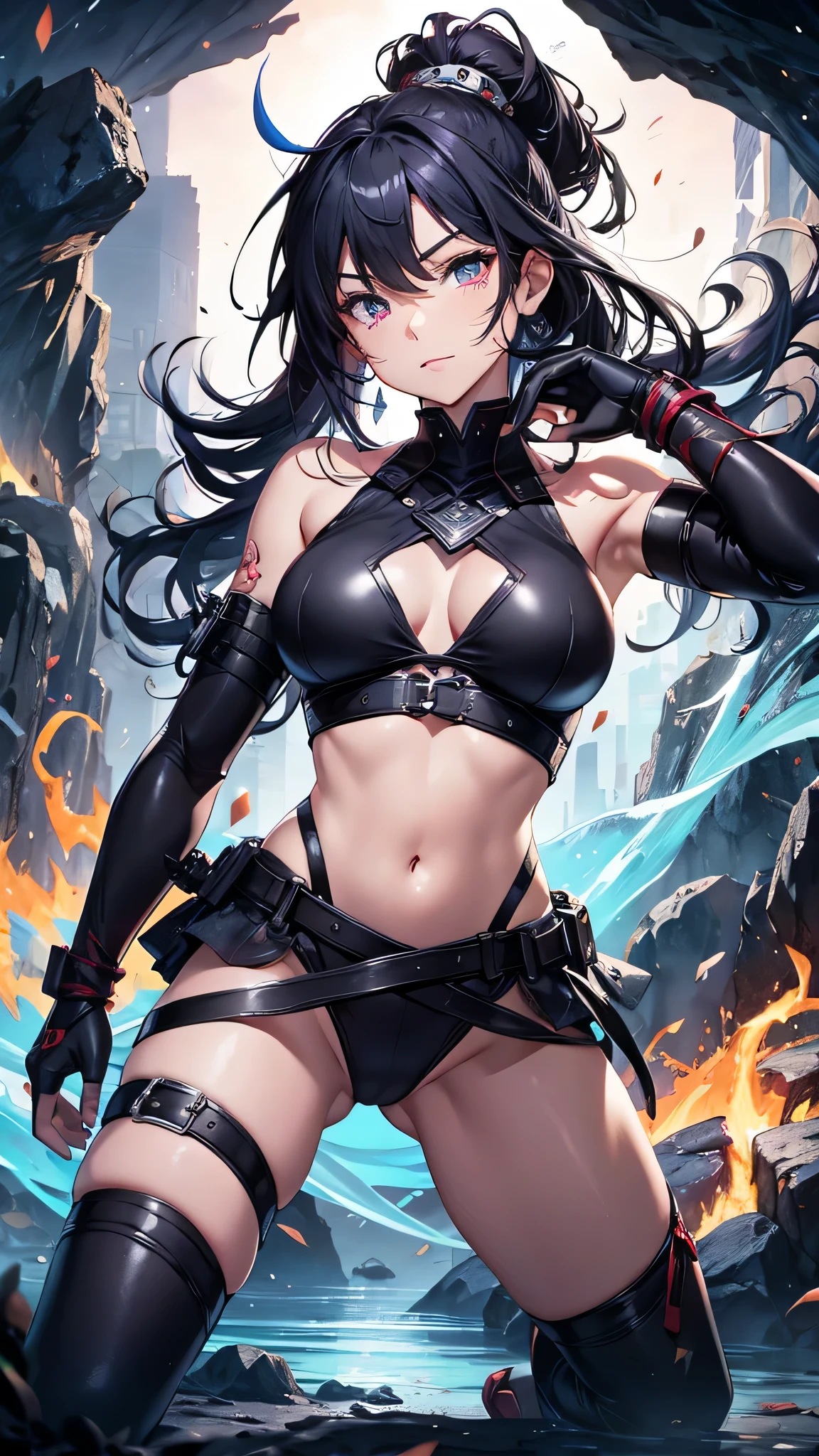 Highest quality、Highest quality、Masterpiece、girl((Age 25、as soon as、Highest Bust、Medium Bust、Wide open chest、Red glowing eyes、Black Ear、Red Mesh、Disheveled Hair、Loincloth、thin、The best valley、Open chest、Luminous Wristbands、hair ornaments、Full body view、Tank top、Black ninja costume、scar、Full body scar、Fighting Pose,Japanese sword、A little muscular、Blue aura、Watery eye、Tears))、high quality、Beautiful Art、background((night、Ninja World,volcano))、flight、Flying Debris、Depth of text、movie、Visual Arts、Perfect Art、8K、Genuine、