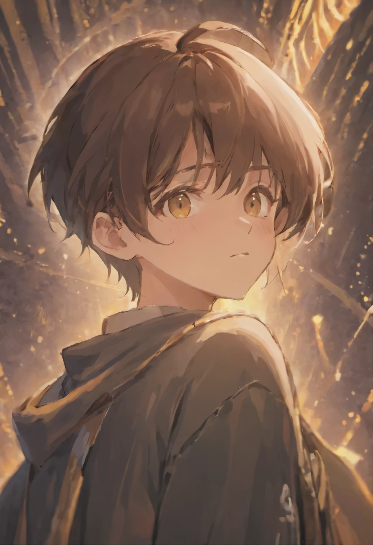anime, elf boy, brown eyes, black hair and eyebrow, cute, short hair, elf ears, happy, hug smile, masterpiece, 8k, best quality,