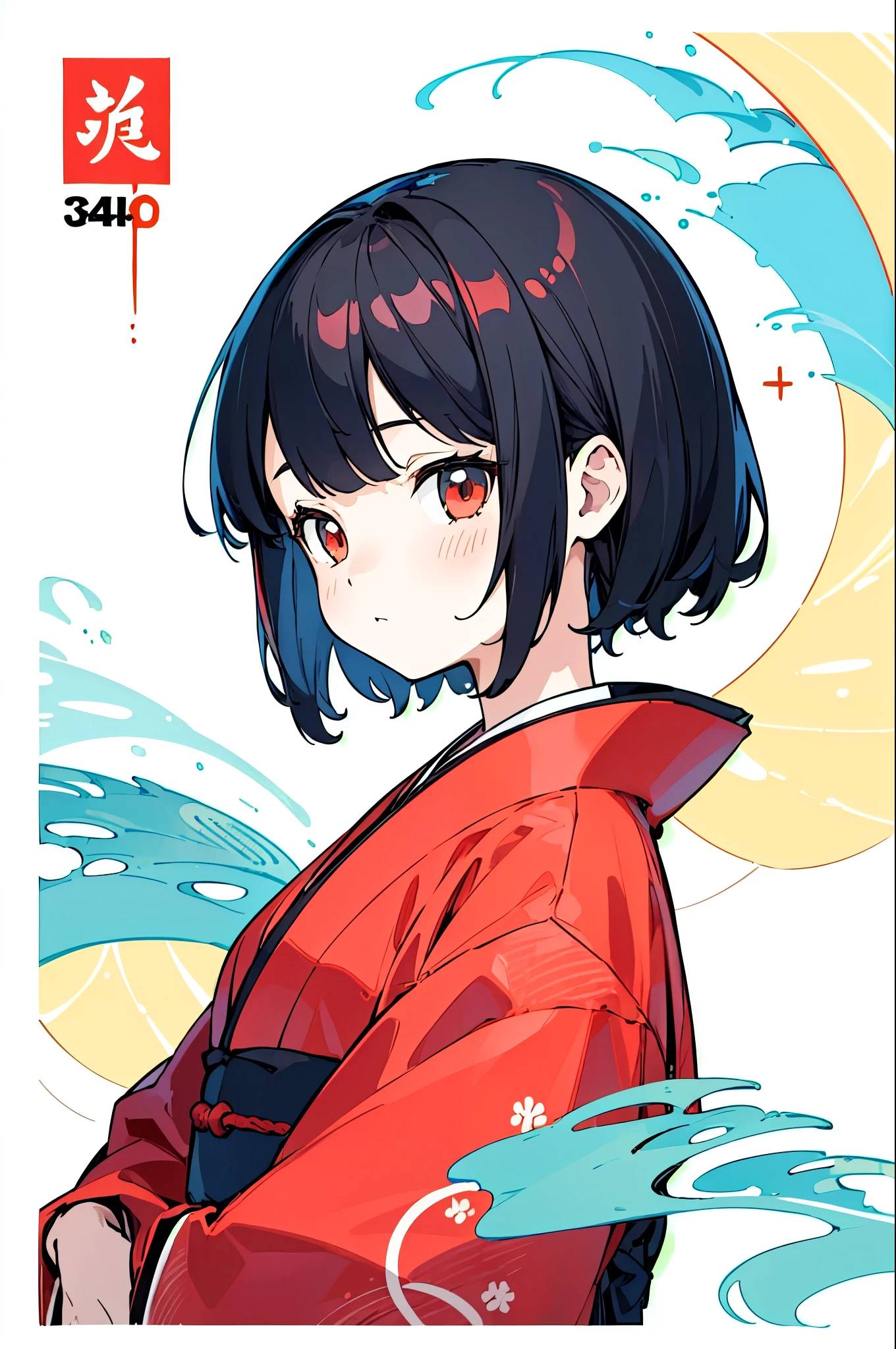 (finely best quality illustration:1.2), (kawaii girl:1.0), (1girl, solo:1.0), (black short hair:1.0), (red kimono:1.0), (upper body:1.0), (ultra-detailed, highres, 4k:1.0),